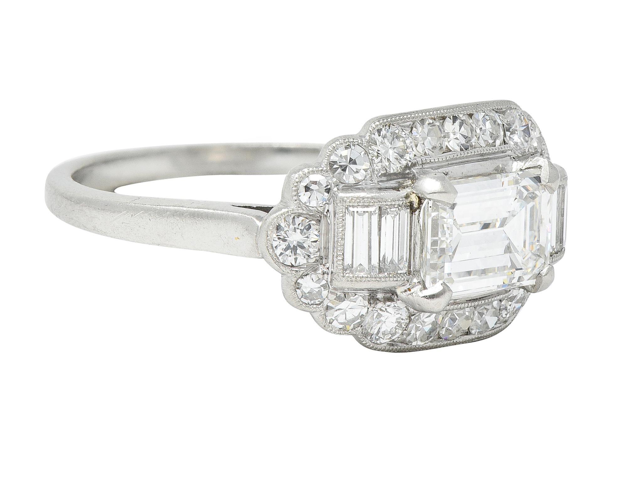 Mid-Century 1.85 CTW Emerald Cut Diamond Platinum Halo Vintage Dinner Ring GIA