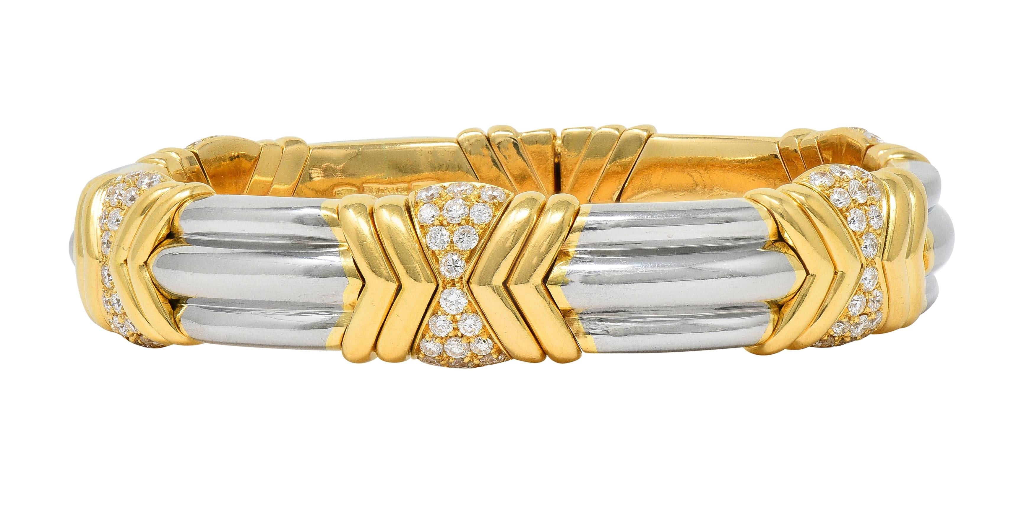 Bulgari 2.60 CTW Diamond 18 Karat Yellow Gold Steel Vintage Cuff Bracelet