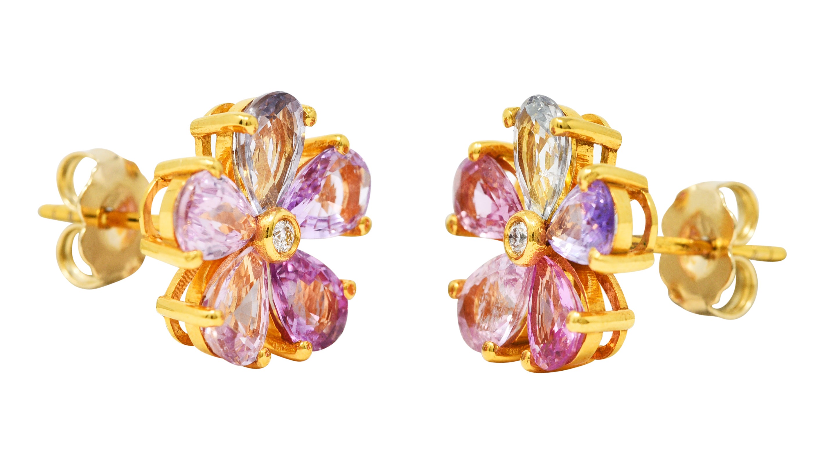 Modern 3.84 CTW Diamond Pear Cut Sapphires 18 Karat Yellow Gold Pastel Flower Cluster Stud Earrings Wilson's Estate Jewelry