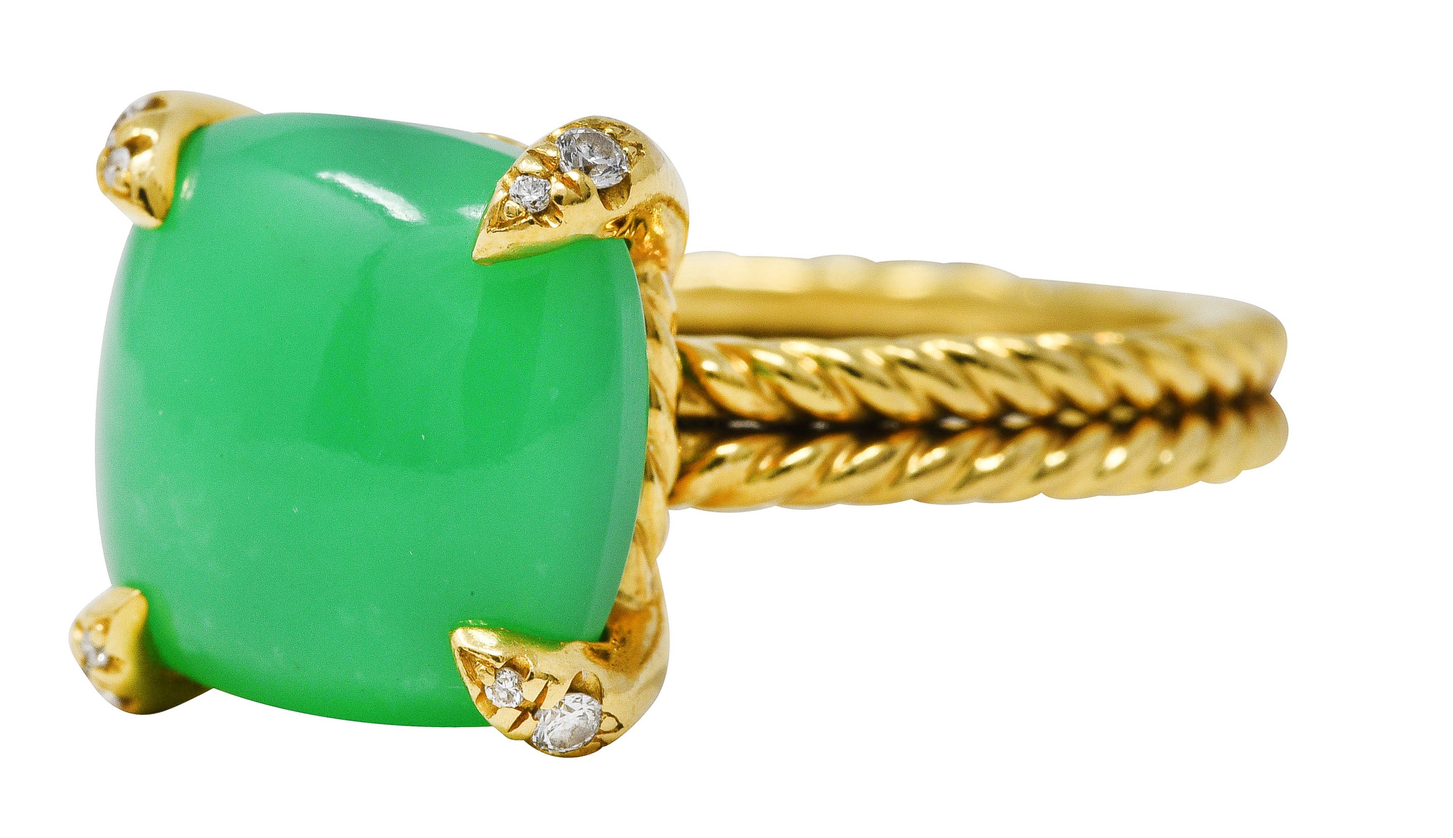 David Yurman Chrysoprase Cabochon Diamond 18 Karat Yellow Gold Chatelaine Gemstone Ring Wilson's Estate Jewelry