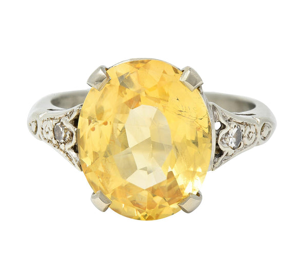 Art Deco 5.22 CTW Yellow Ceylon Sapphire Diamond 14 Karat Gold  Antique Ring GIA