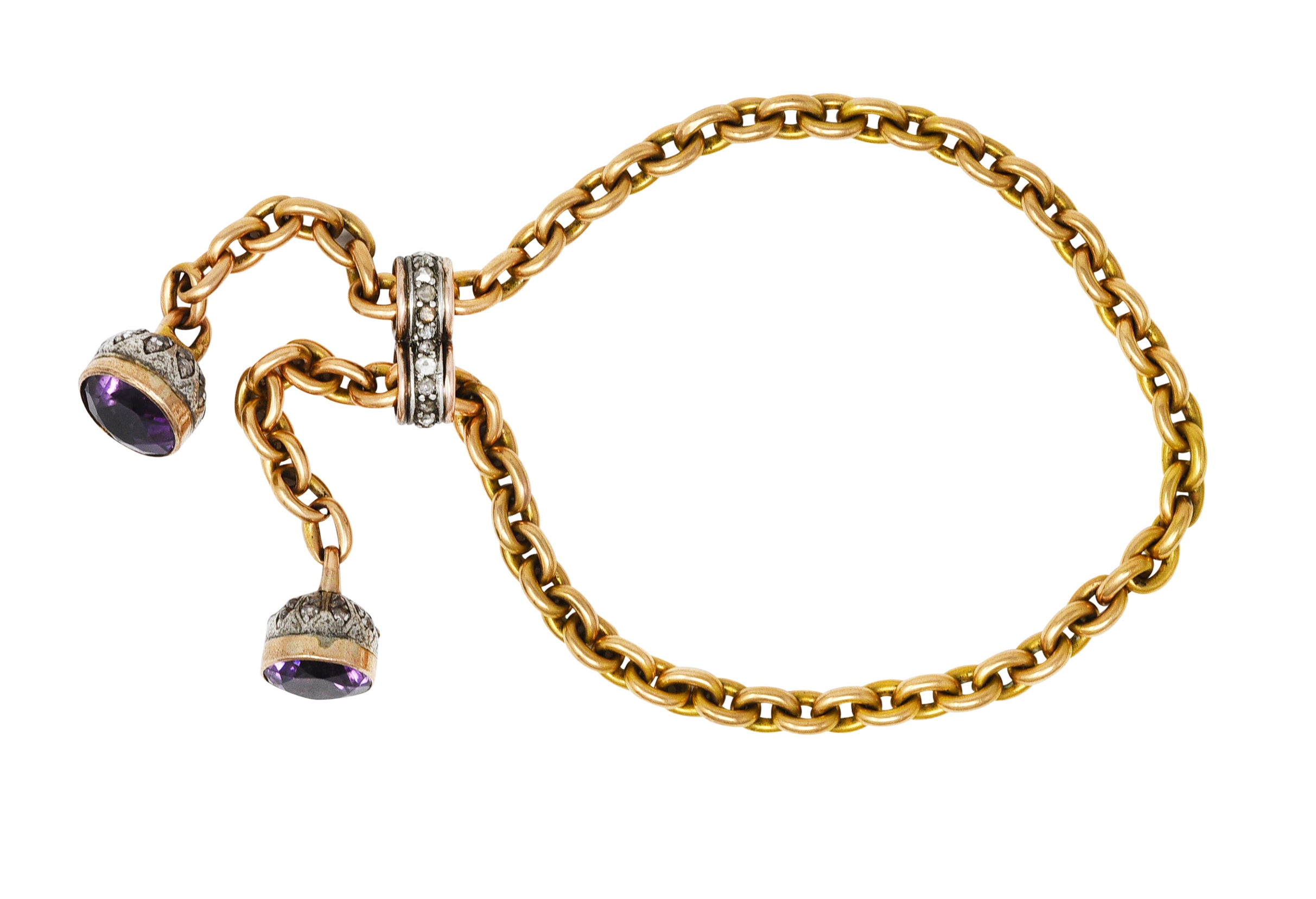 French Georgian Amethyst Diamond Silver-Topped 18 Karat Yellow Gold Slide Lariat Antique Chain Bracelet Wilson's Estate Jewelry