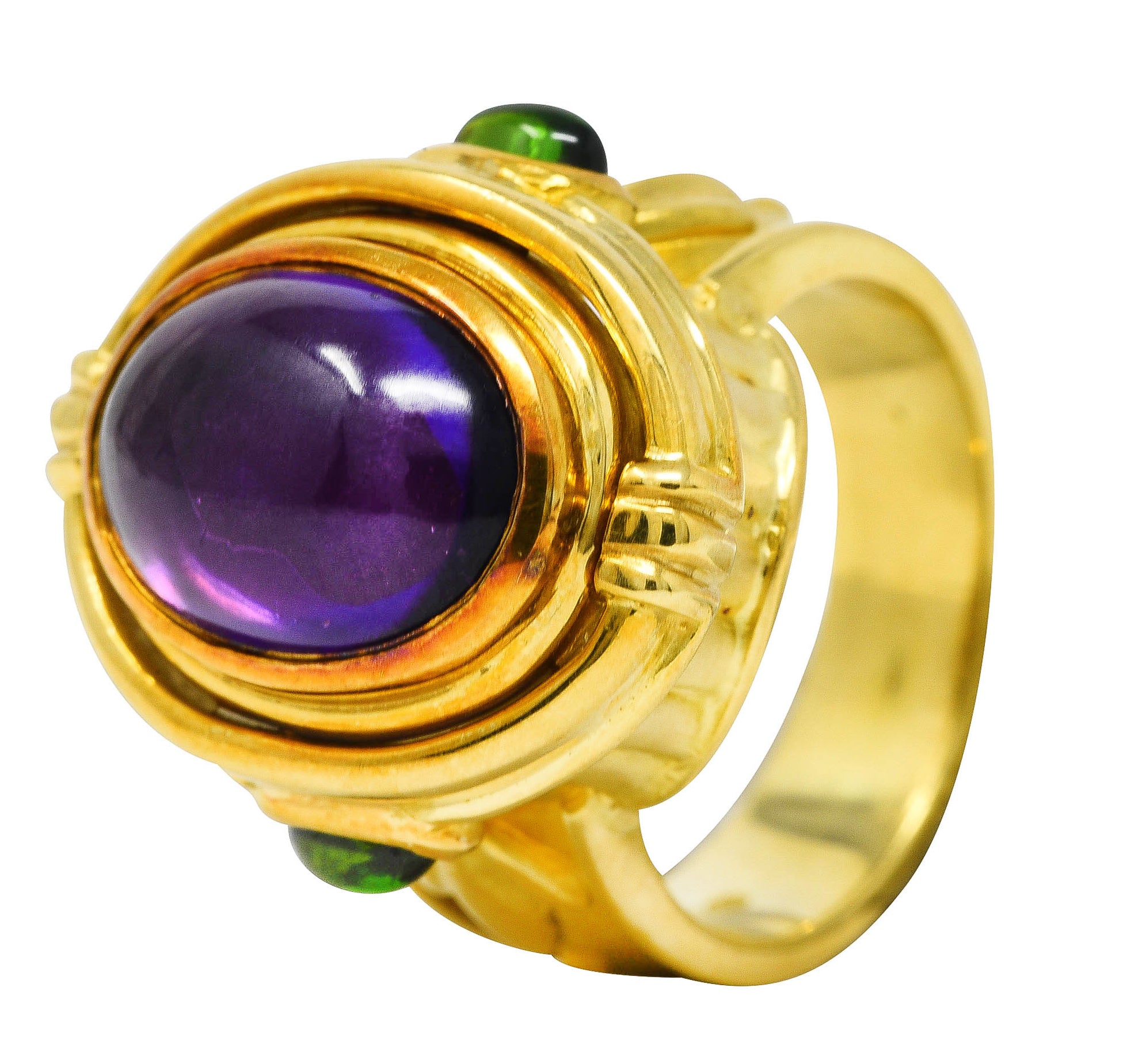 Seidengang Neoclassical Amethyst Green Tourmaline 18 Karat Yellow Gold Classic Apollo Flip Ring Wilson's Estate Jewelry