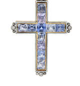 Victorian 20.87 CTW Sapphire Diamond Enamel Silver 14 Karat Gold Cross Pendant