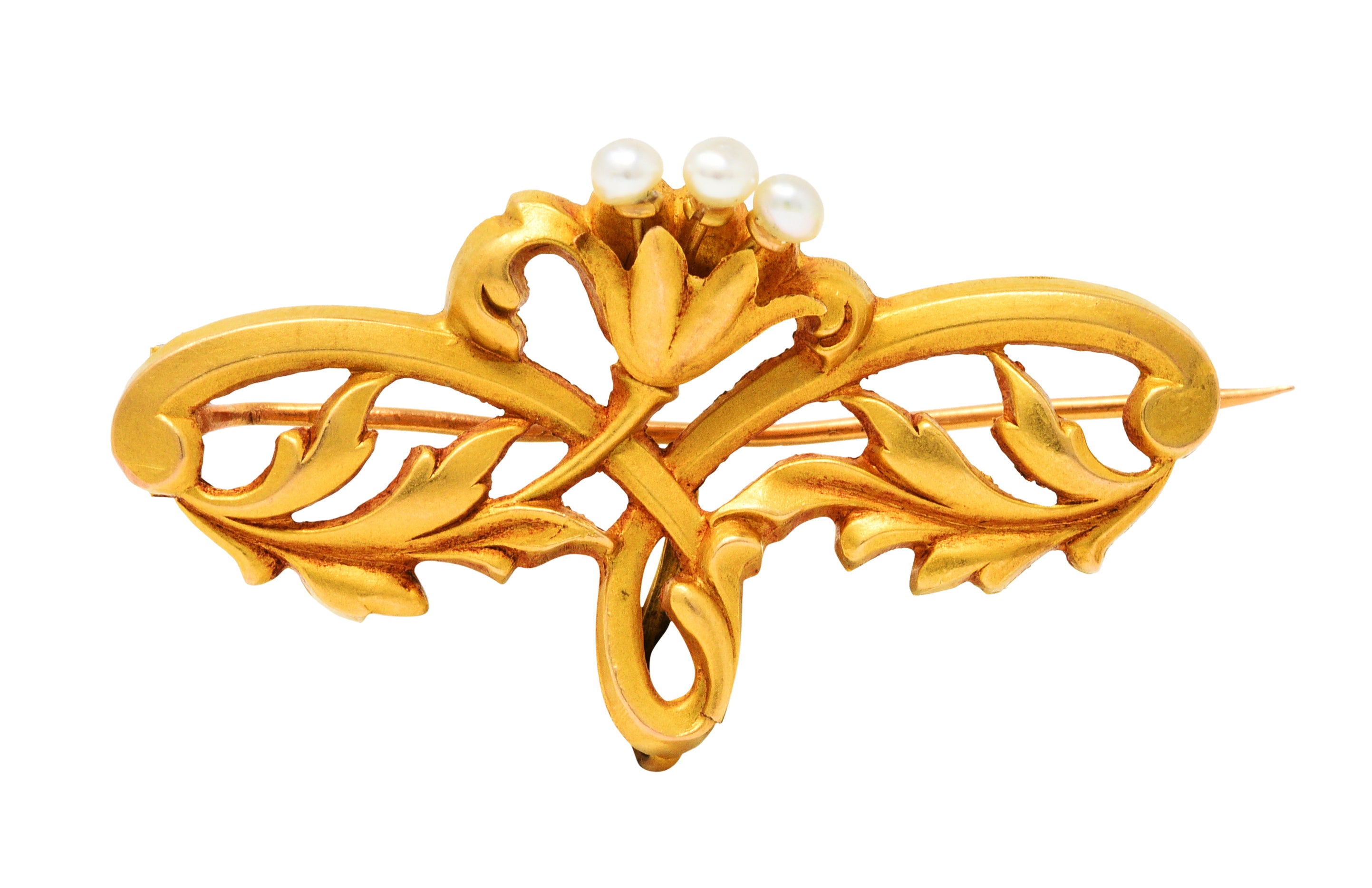 French Art Nouveau Pearl 18 Karat Gold Whiplash Flower BroochBrooch - Wilson's Estate Jewelry