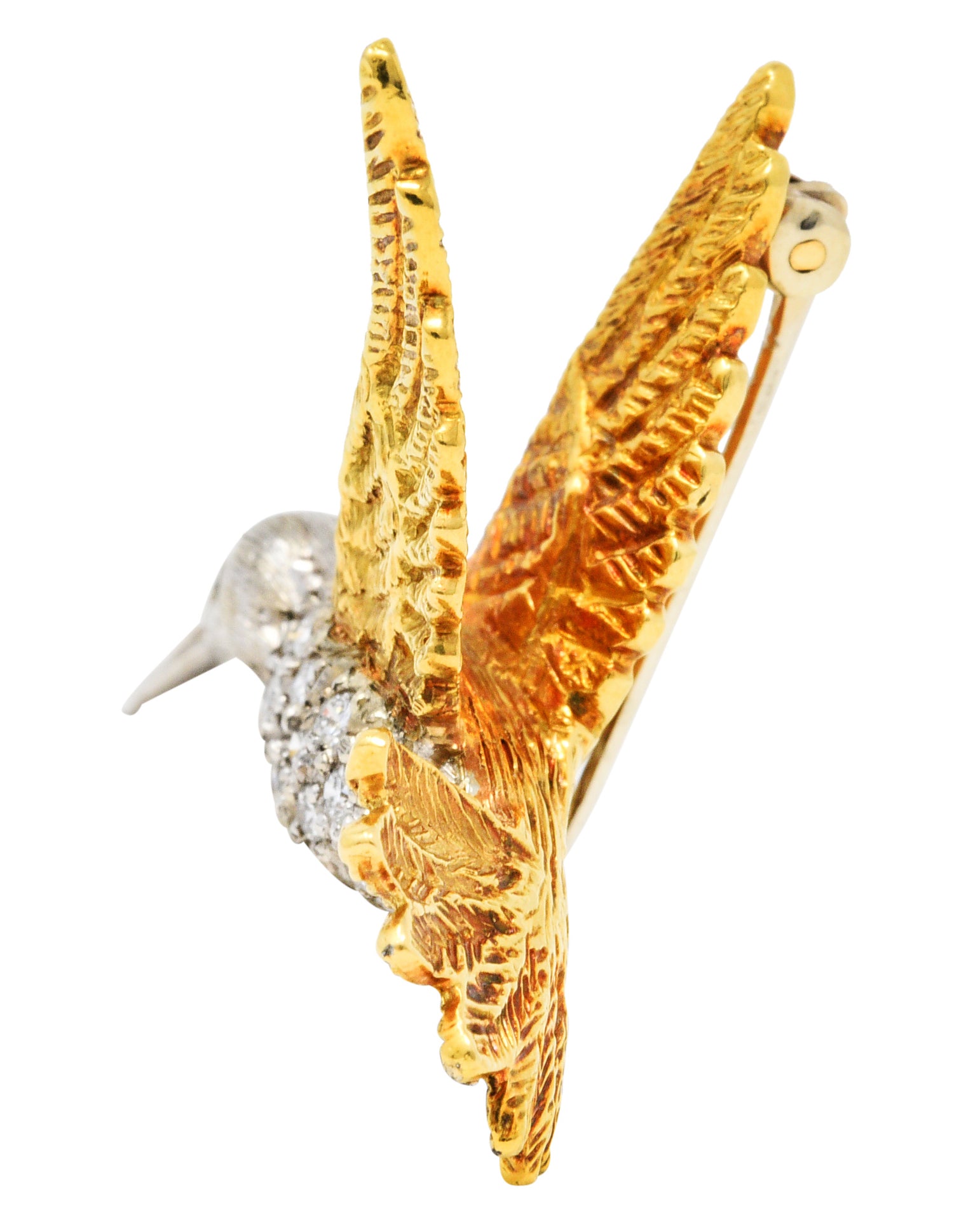 1970's Vintage Emerald Diamond 18 Karat Two-Tone Gold Hummingbird BroochBrooch - Wilson's Estate Jewelry