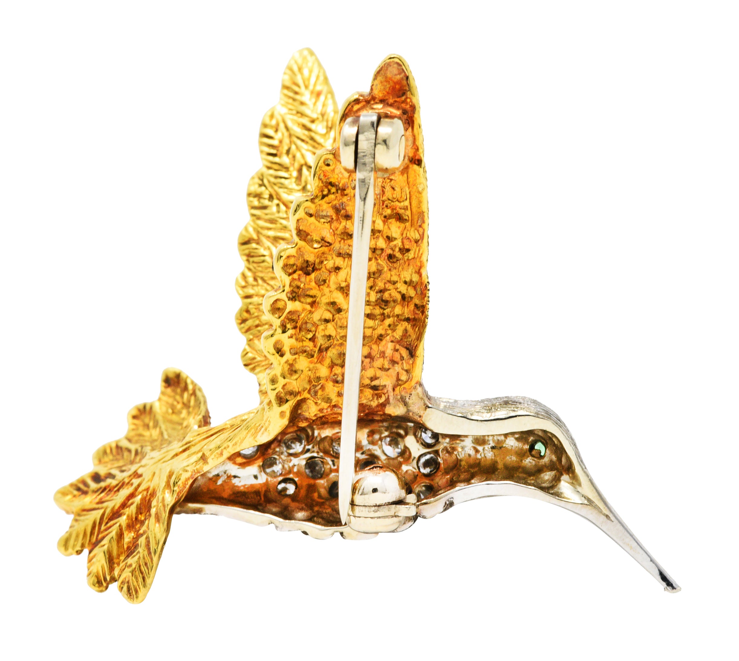 1970's Vintage Emerald Diamond 18 Karat Two-Tone Gold Hummingbird BroochBrooch - Wilson's Estate Jewelry