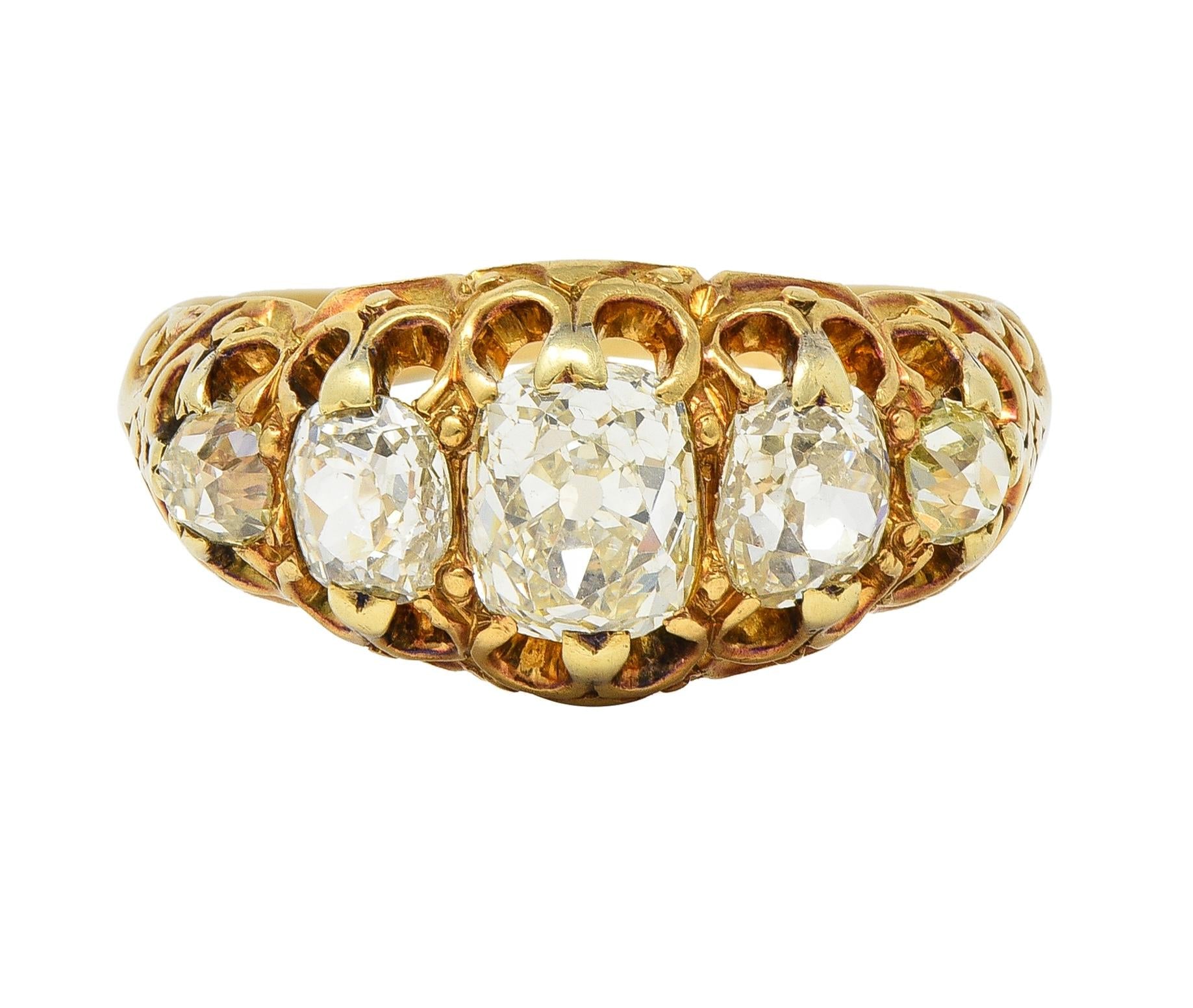 Victorian 1.98 CTW Old Mine Cut Diamond 14 Karat Gold Five Stone Band Ring