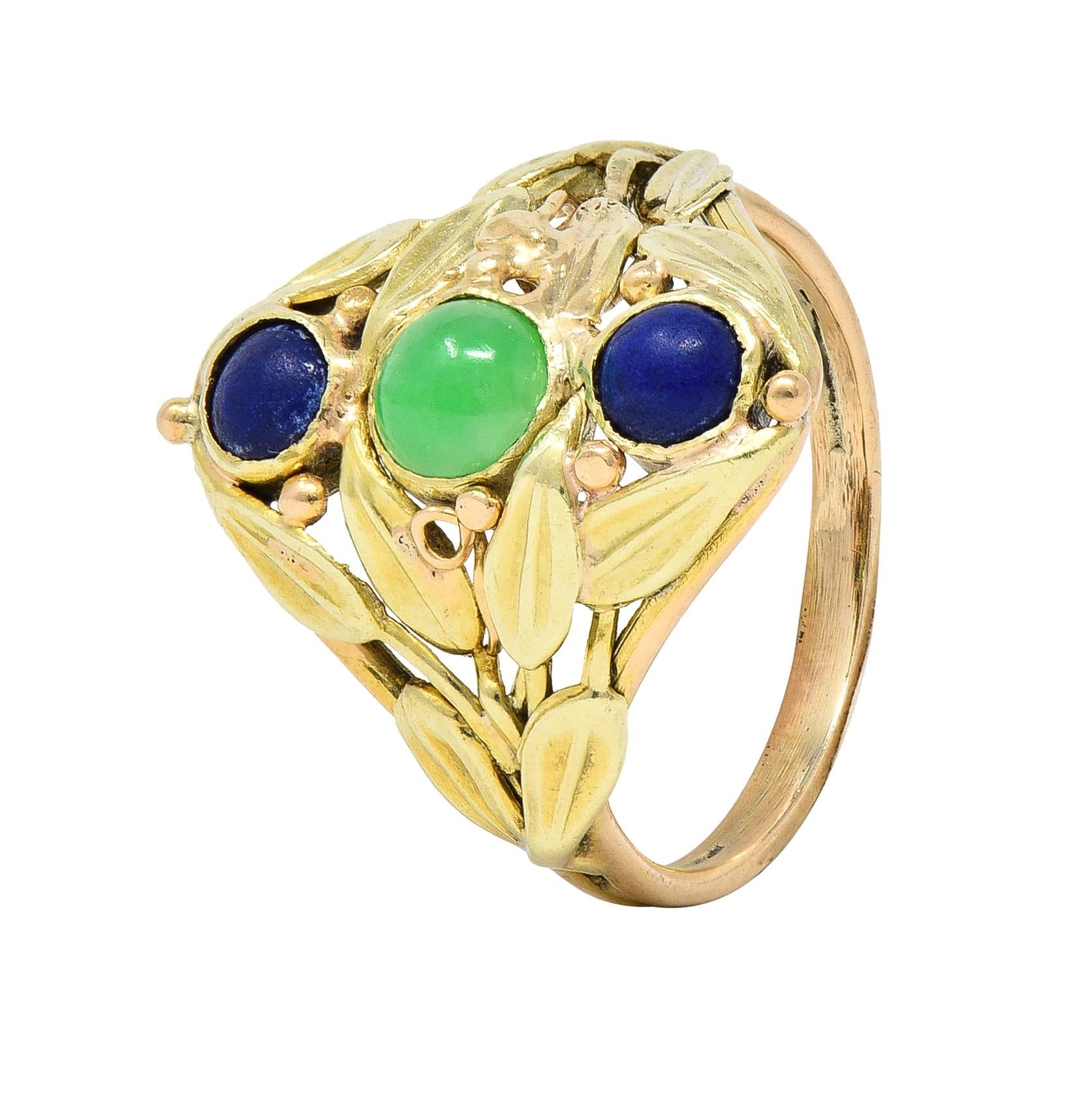 Arts & Crafts Jade Lapis Lazuli 14 Karat Two-Tone Gold Foliate Navette Ring