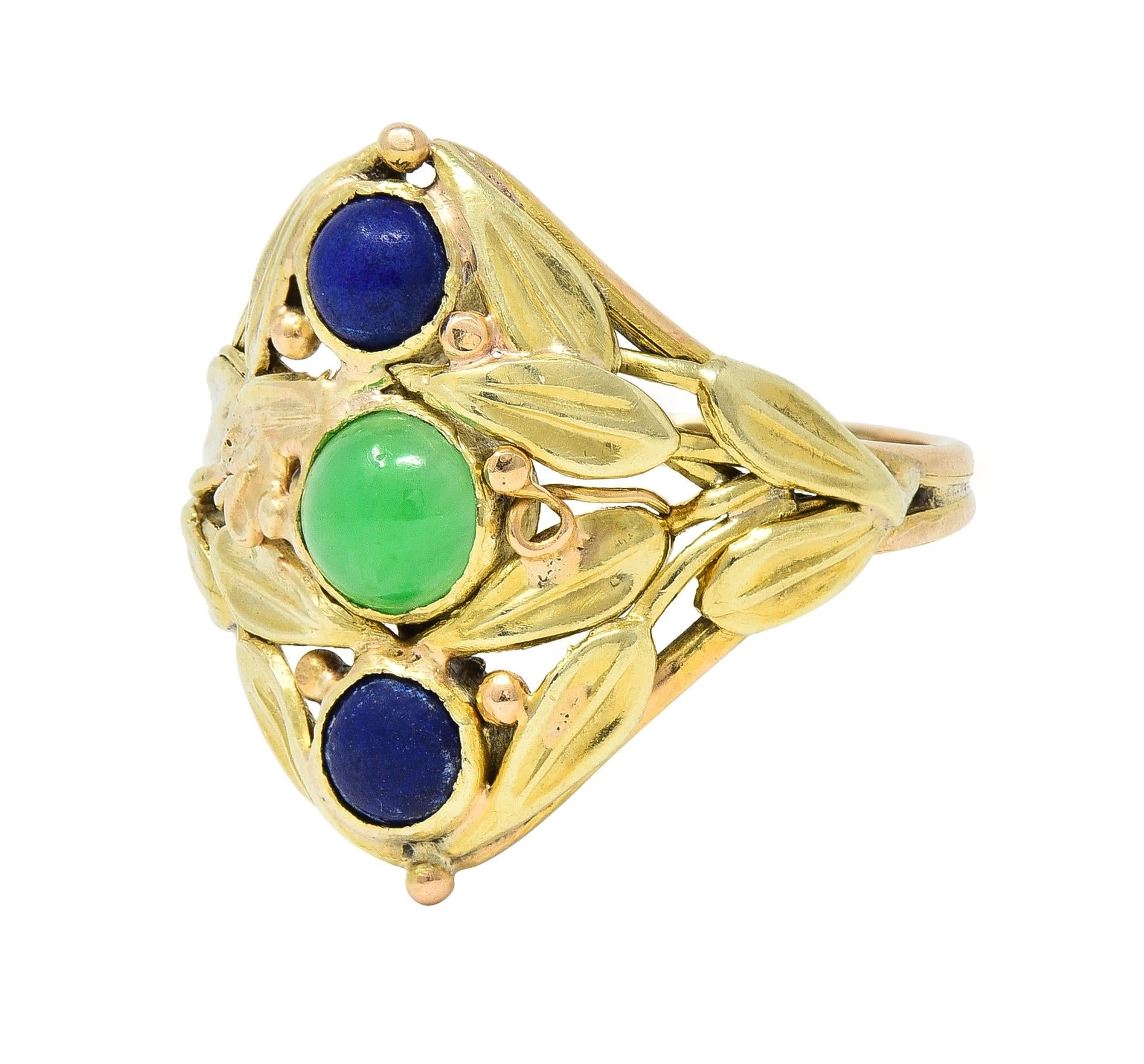 Arts & Crafts Jade Lapis Lazuli 14 Karat Two-Tone Gold Foliate Navette Ring