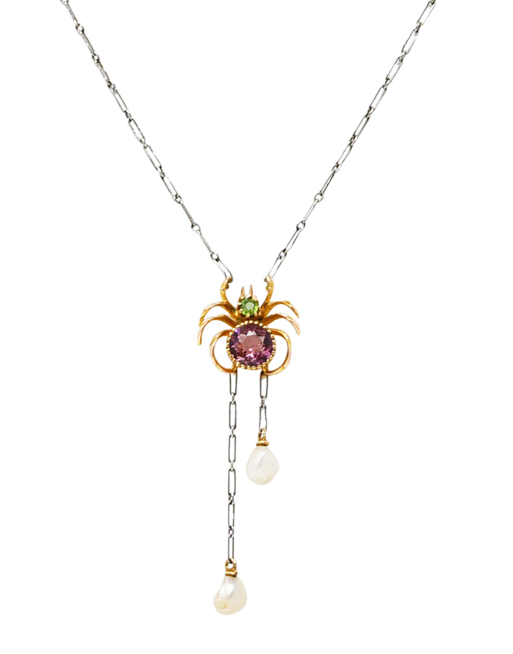 Edwardian Pink Tourmaline Demantoid Garnet Baroque Pearl Platinum 14 Karat Yellow Gold Spider Antique Negligeé Necklace Wilson's Estate Jewelry