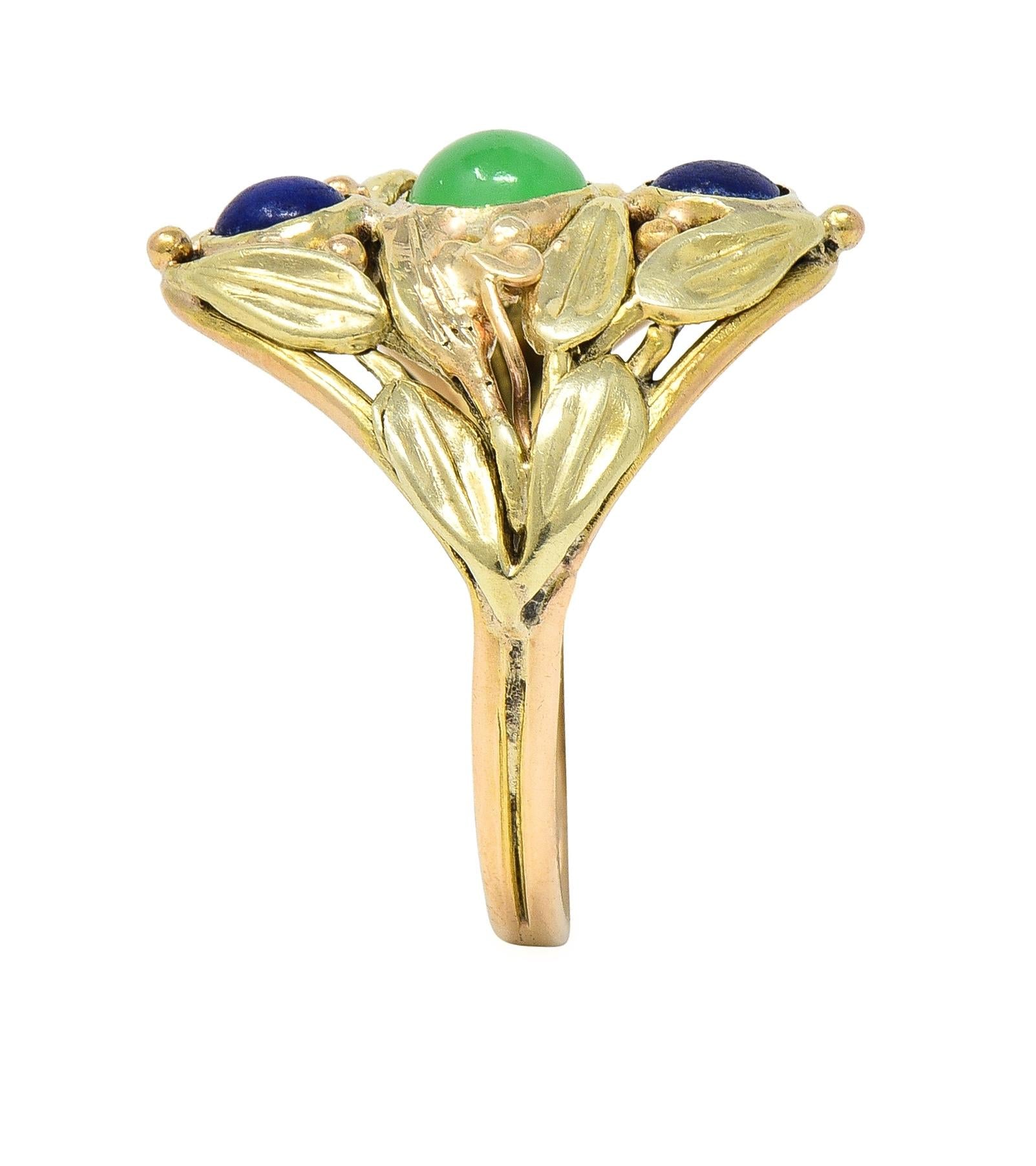 Arts & Crafts Jade Lapis Lazuli 14 Karat Two-Tone Gold Foliate Navette Ring