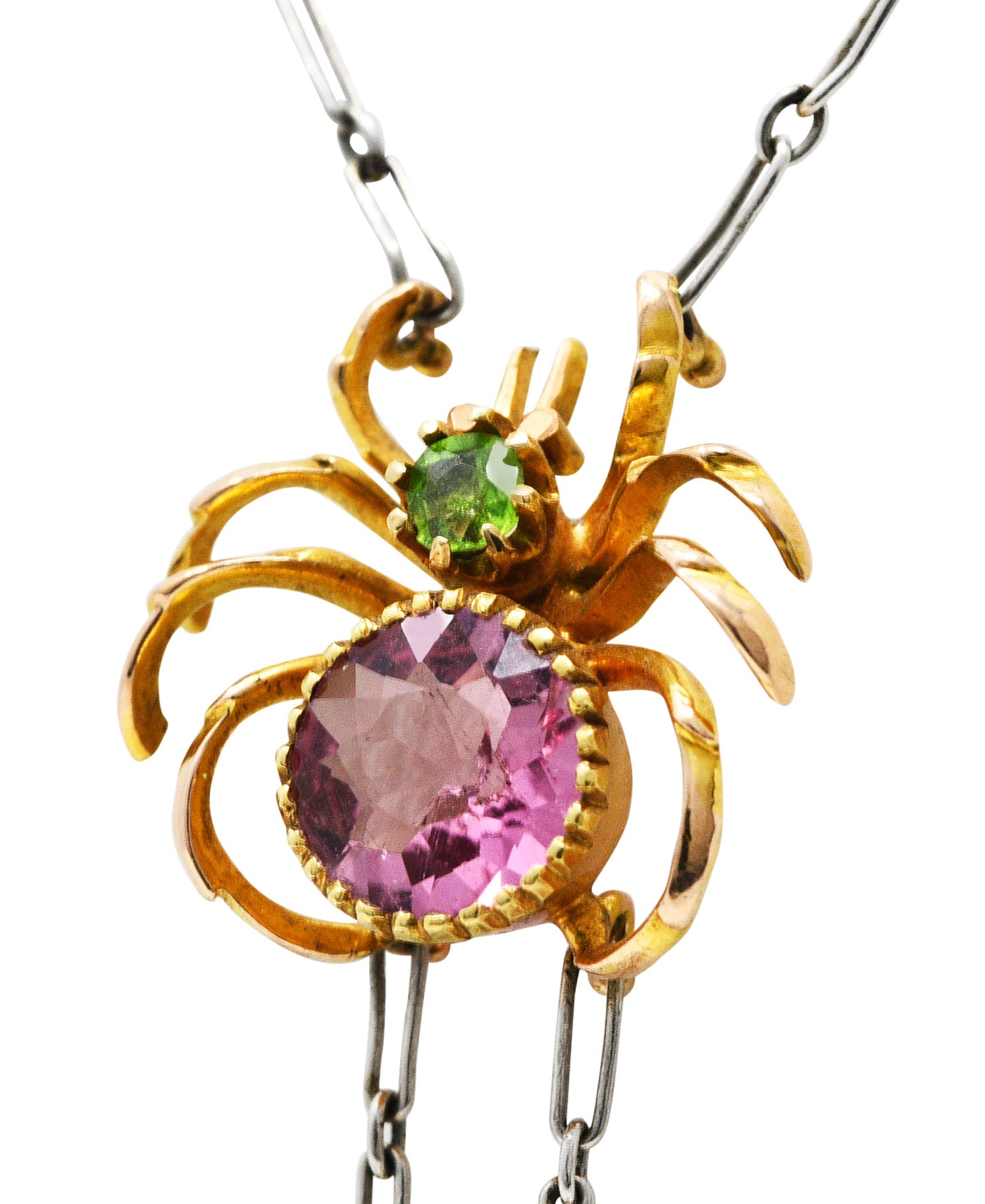 Edwardian Pink Tourmaline Demantoid Garnet Baroque Pearl Platinum 14 Karat Yellow Gold Spider Antique Negligeé Necklace Wilson's Estate Jewelry