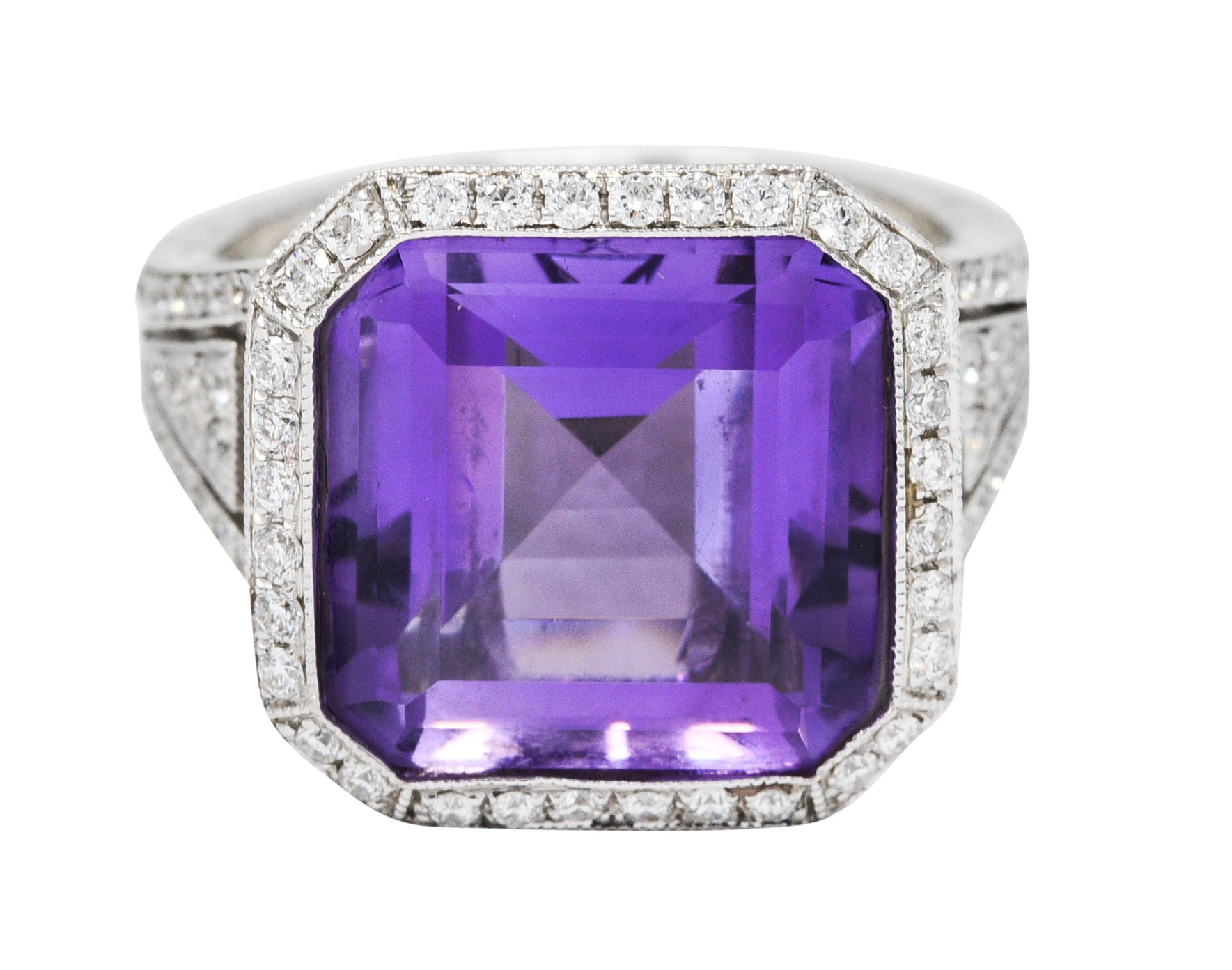 Contemporary Amethyst Diamond 18 Karat White Gold Greek Key RingRing - Wilson's Estate Jewelry