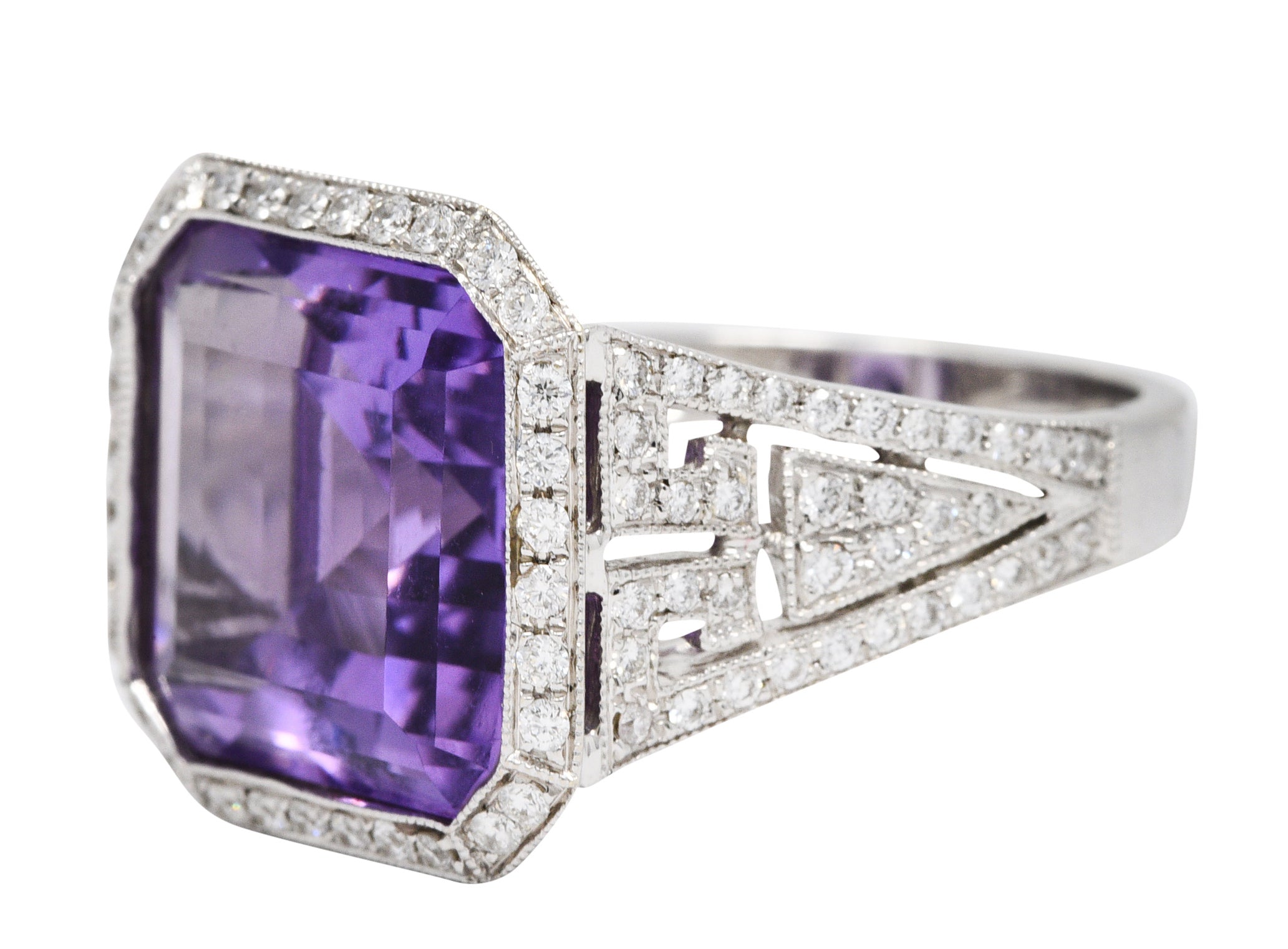 Contemporary Amethyst Diamond 18 Karat White Gold Greek Key RingRing - Wilson's Estate Jewelry