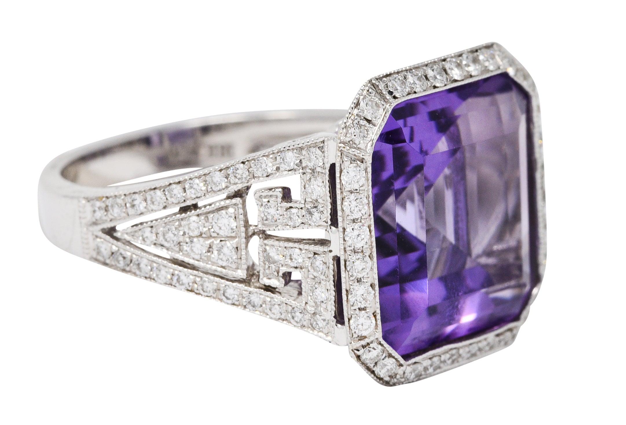 Contemporary Amethyst Diamond 18 Karat White Gold Greek Key RingRing - Wilson's Estate Jewelry