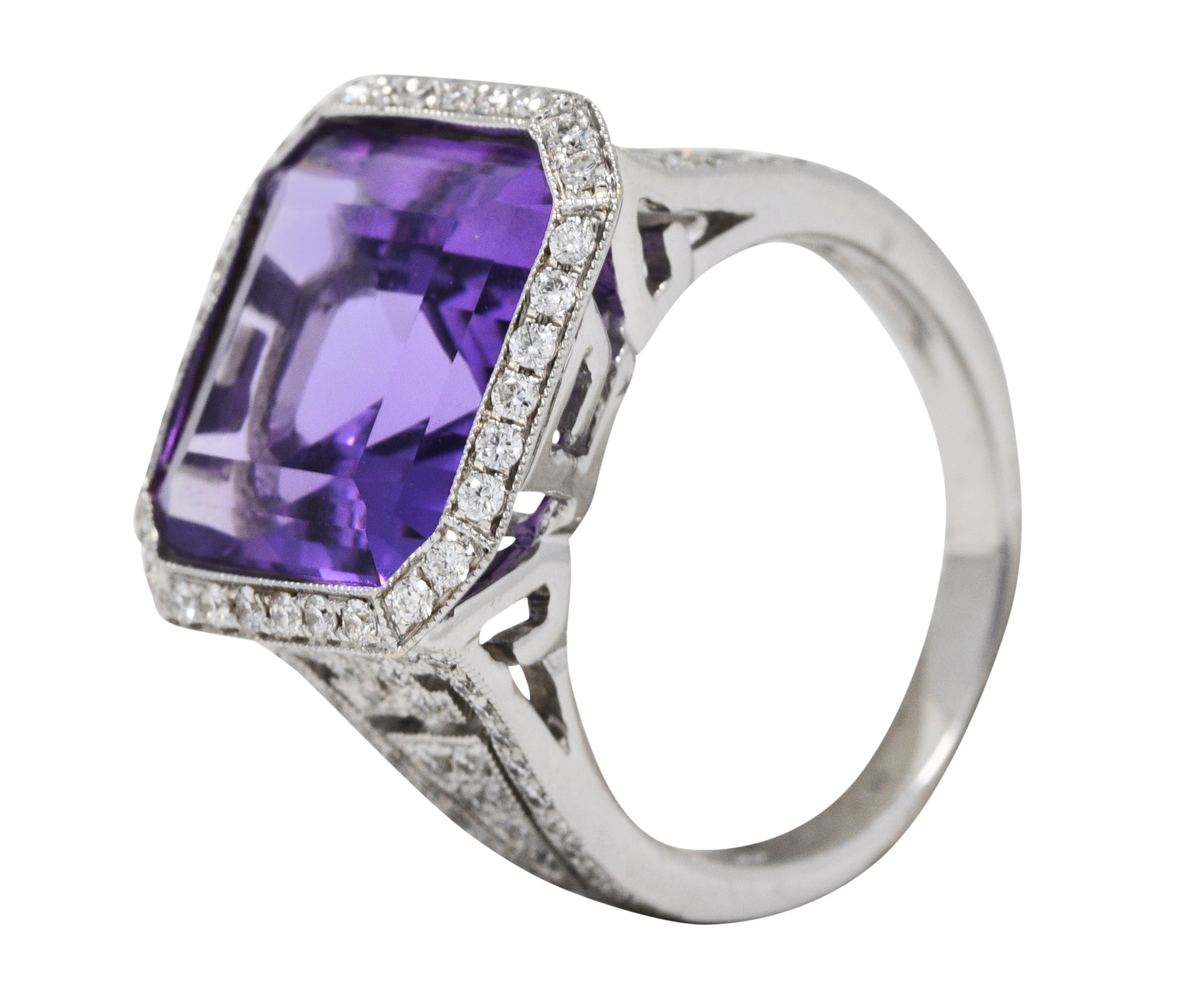 Contemporary Amethyst Diamond 18 Karat White Gold Greek Key RingRing - Wilson's Estate Jewelry