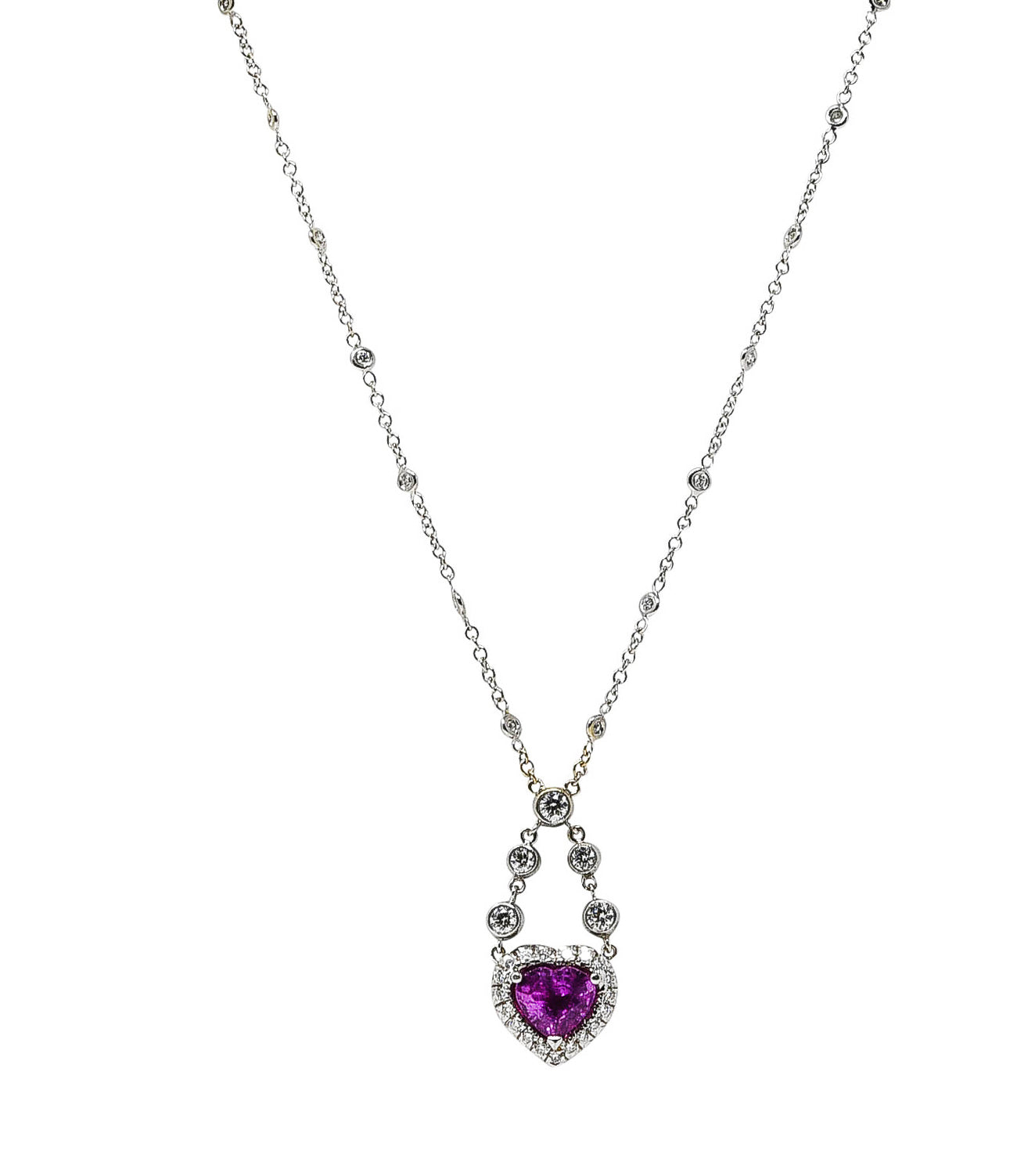 Contemporary 4.50 CTW Pink Sapphire Pavè Diamond 18 Karat White Gold Swagged Chain Reversible Heart Necklace Wilson's Estate Jewelry