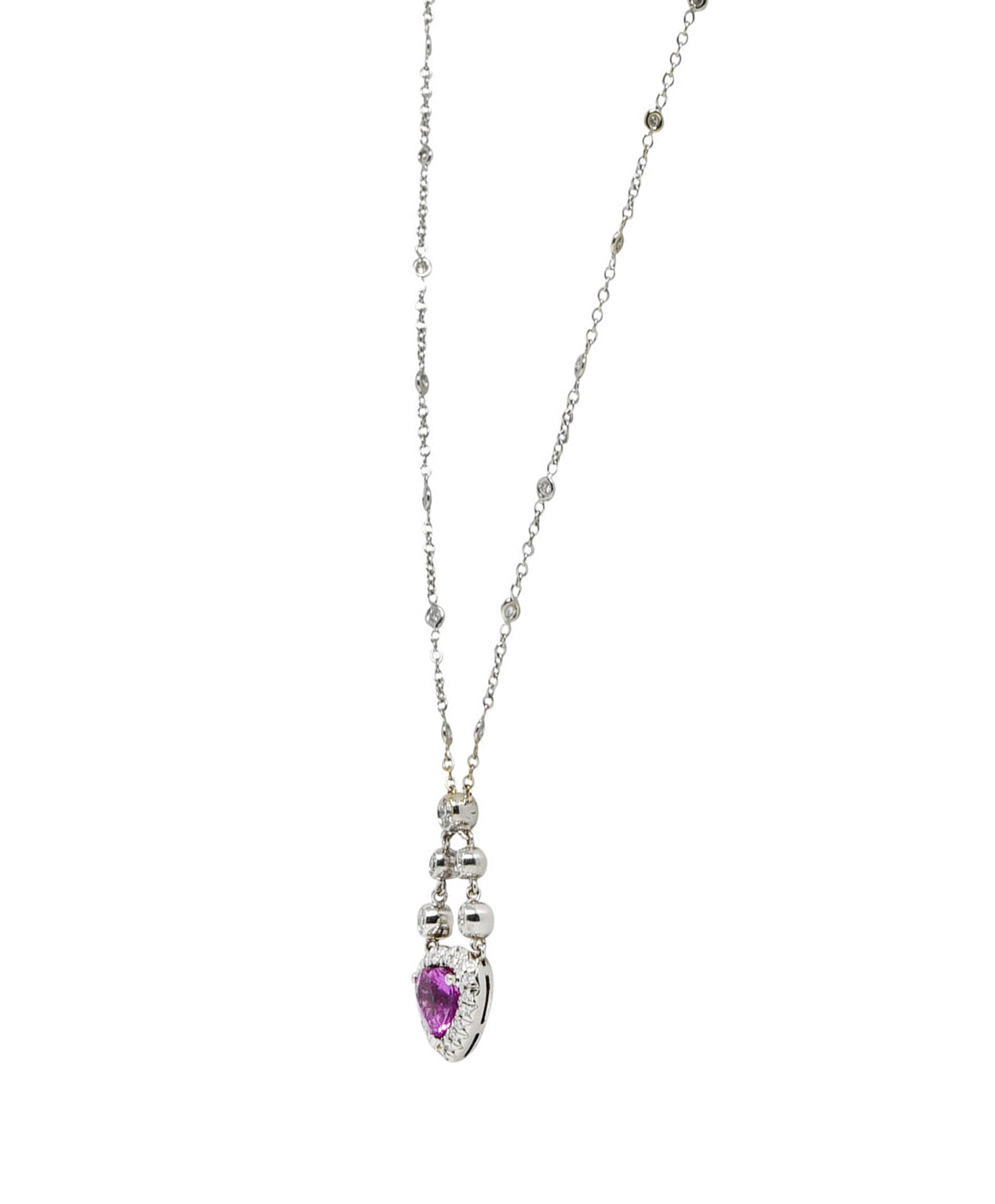 Contemporary 4.50 CTW Pink Sapphire Pavè Diamond 18 Karat White Gold Swagged Chain Reversible Heart Necklace Wilson's Estate Jewelry