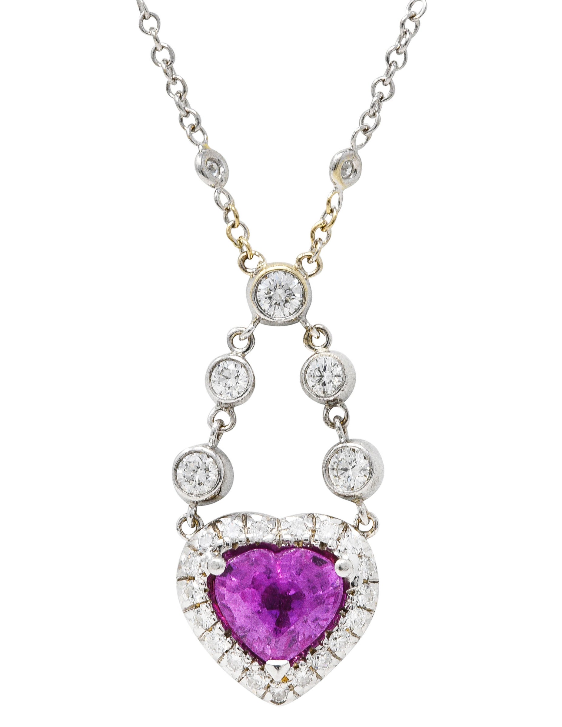 Contemporary 4.50 CTW Pink Sapphire Pavè Diamond 18 Karat White Gold Swagged Chain Reversible Heart Necklace Wilson's Estate Jewelry