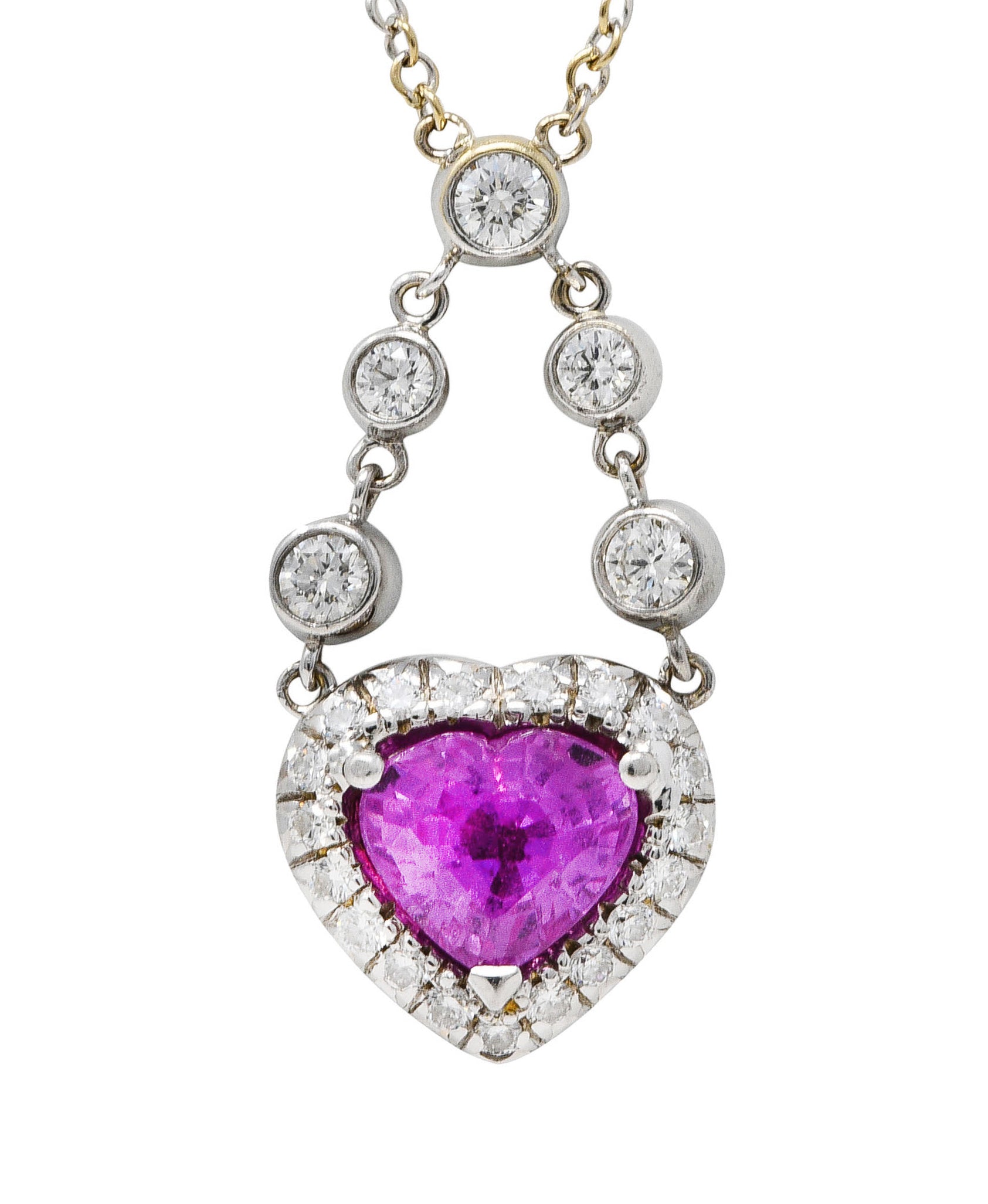 Contemporary 4.50 CTW Pink Sapphire Pavè Diamond 18 Karat White Gold Swagged Chain Reversible Heart Necklace Wilson's Estate Jewelry