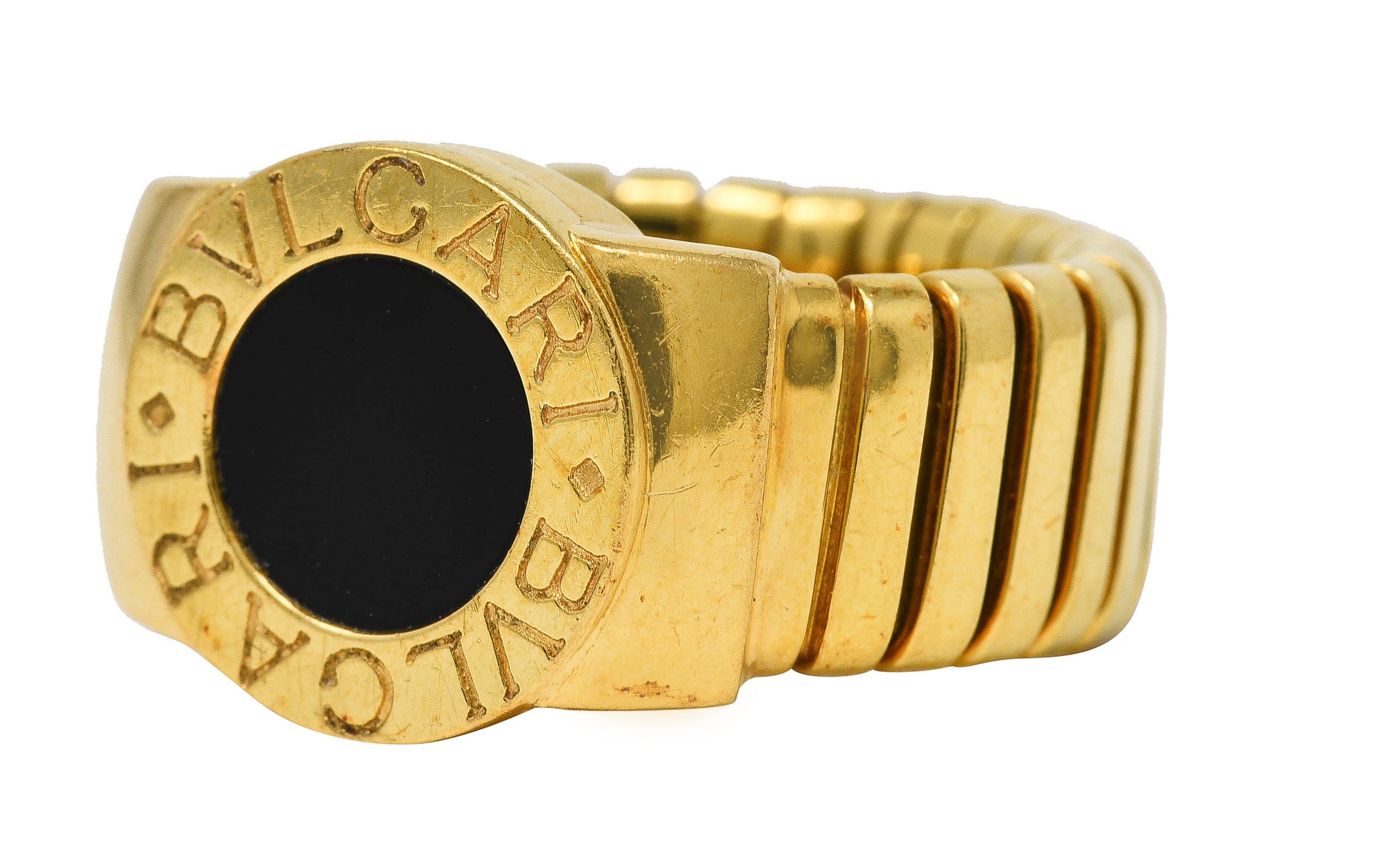 Bulgari Onyx 18 Karat Yellow Gold Tubogas Vintage Ring Wilson's Estate Jewelry