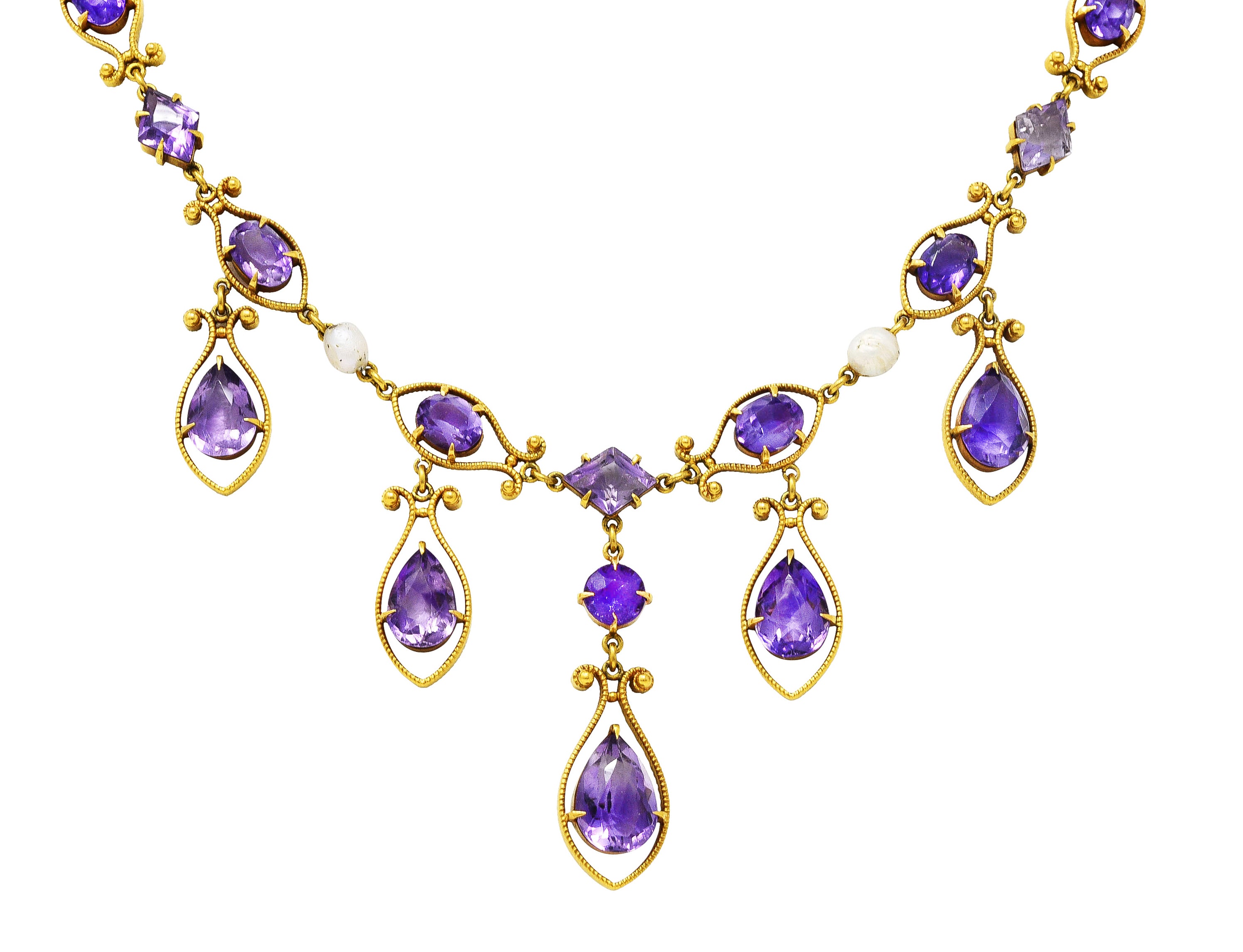 Victorian Amethyst Tourmaline Pearl 14 Karat Yellow Gold Filigree Drop NecklaceNecklace - Wilson's Estate Jewelry