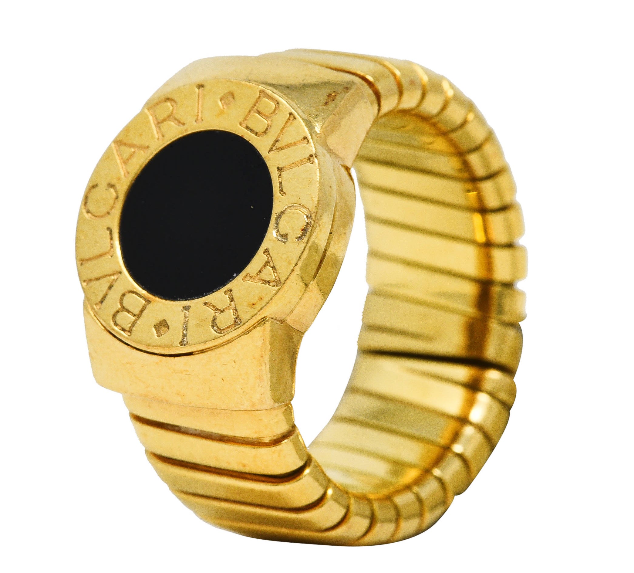 Bulgari Onyx 18 Karat Yellow Gold Tubogas Vintage Ring Wilson's Estate Jewelry