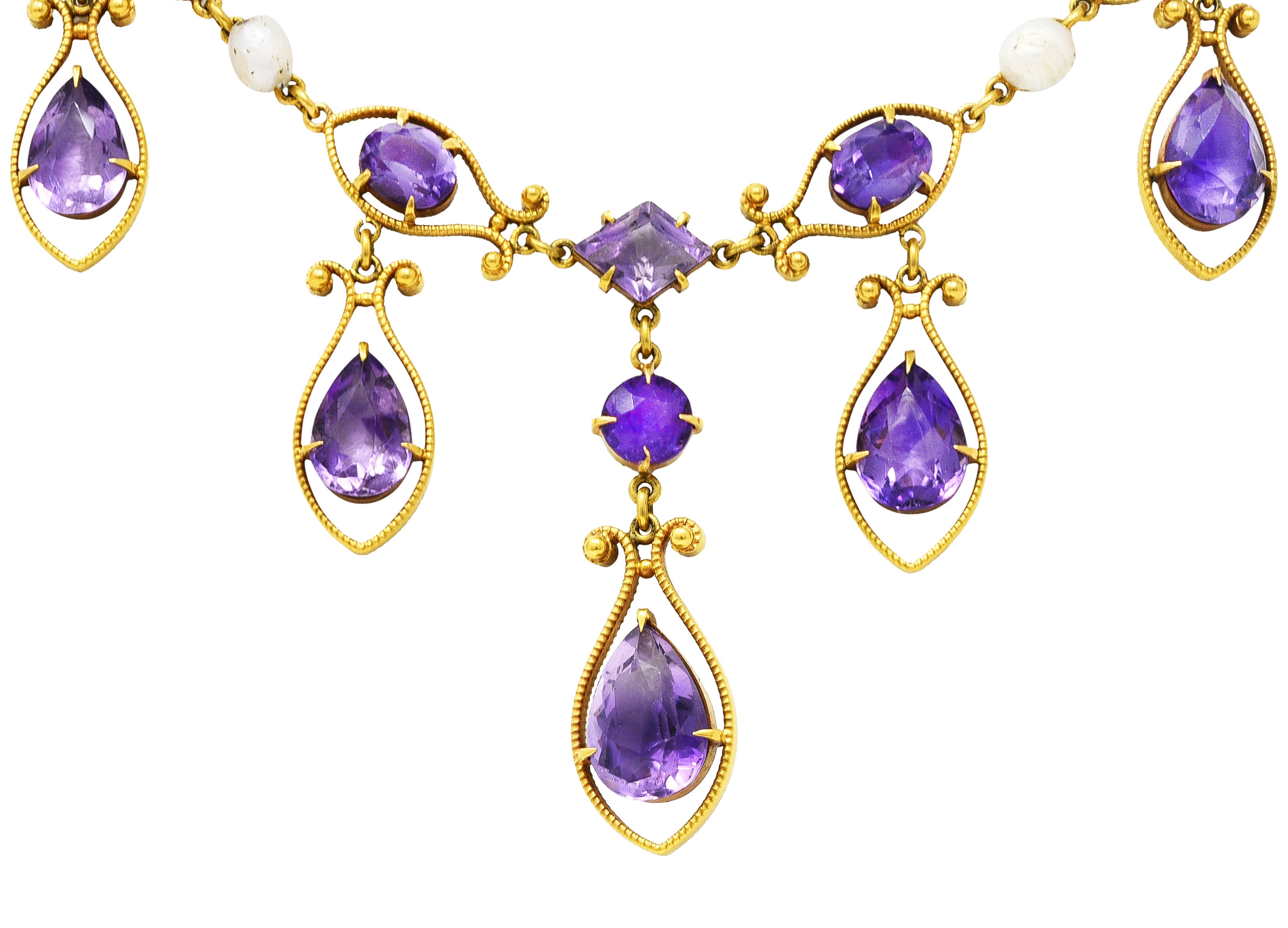 Victorian Amethyst Tourmaline Pearl 14 Karat Yellow Gold Filigree Drop NecklaceNecklace - Wilson's Estate Jewelry