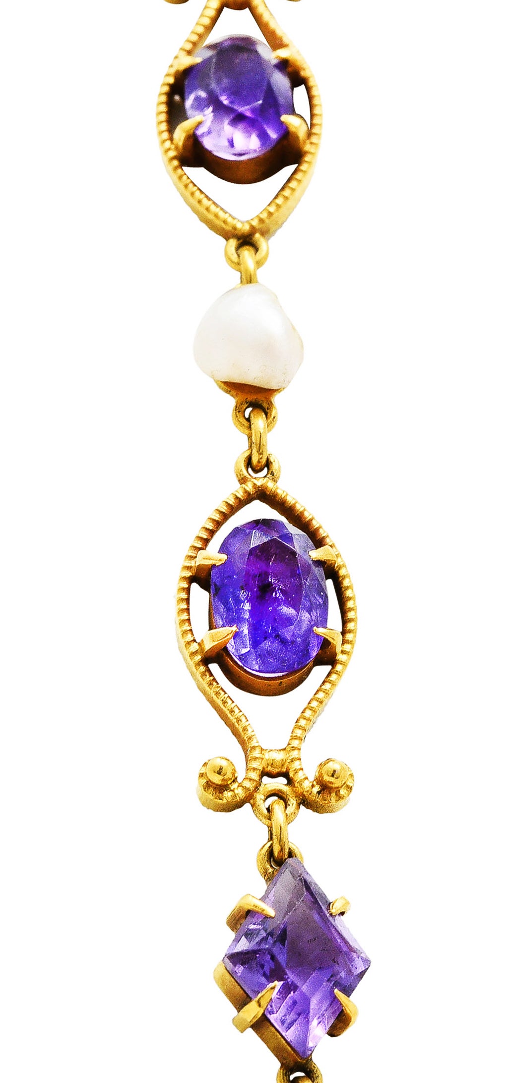 Victorian Amethyst Tourmaline Pearl 14 Karat Yellow Gold Filigree Drop NecklaceNecklace - Wilson's Estate Jewelry