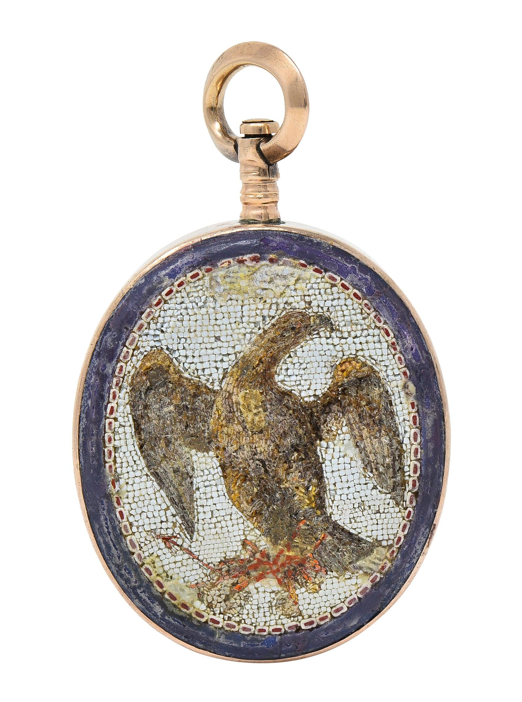 Victorian Carnelian Enamel Micro-Mosaic 14 Karat Gold Intaglio Eagle Pendant