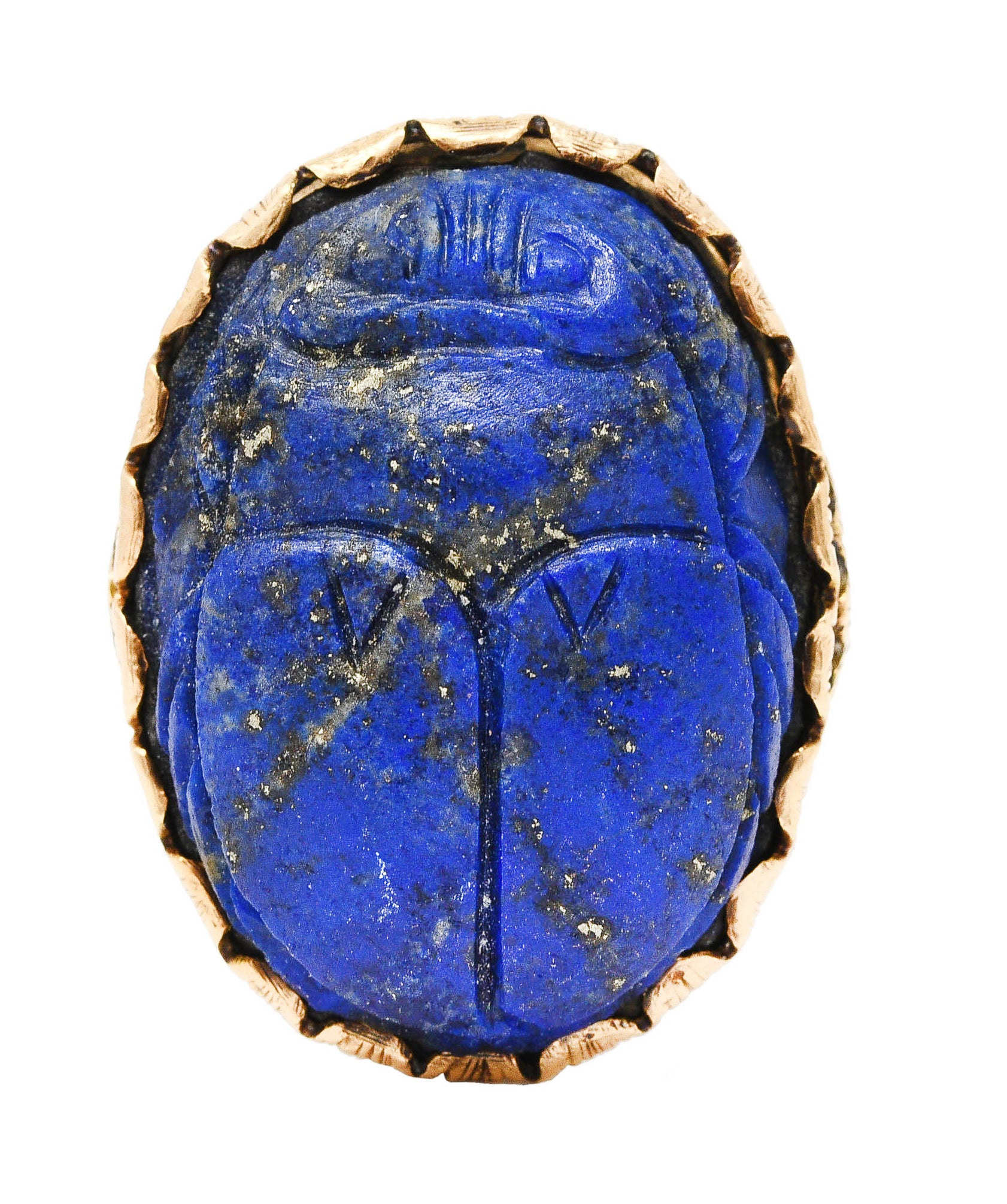 Vintage Etruscan Revival Lapis Lazuli 14 Karat Yellow Gold Scarab Antique Ring Wilson's Estate Jewelry