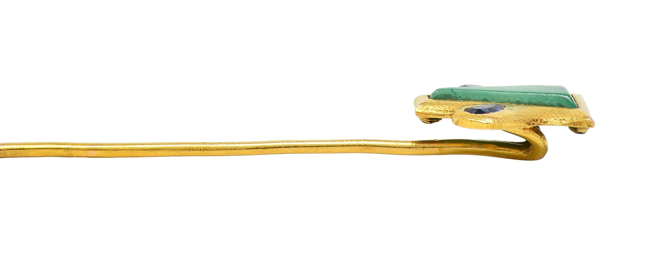 Art Nouveau Malachite Sapphire 14 Karat Yellow Gold Shield Antique Stickpin