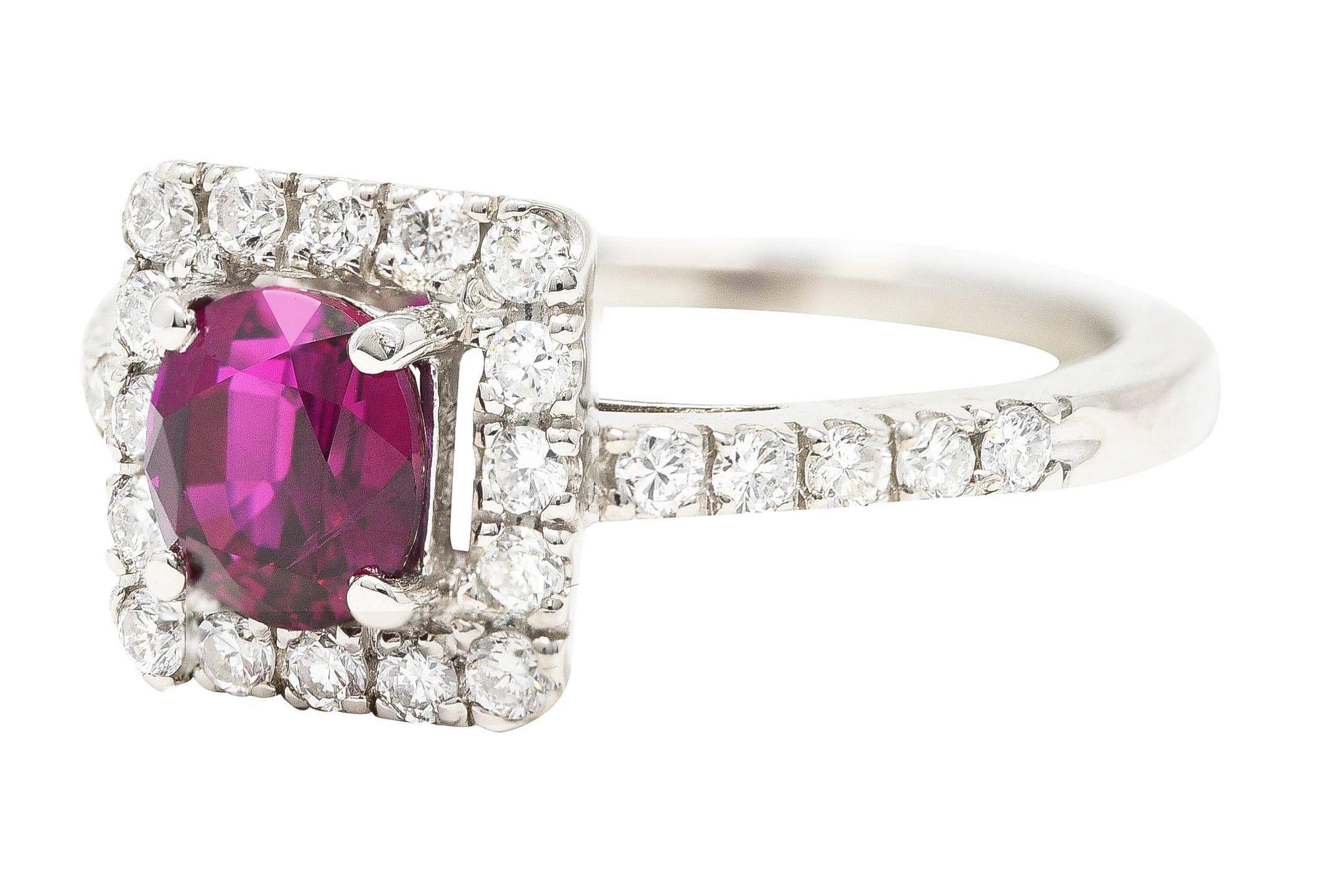 Contemporary 1.47 CTW Cushion Cut Ruby Diamond Platinum Square Halo Ring Wilson's Estate Jewelry