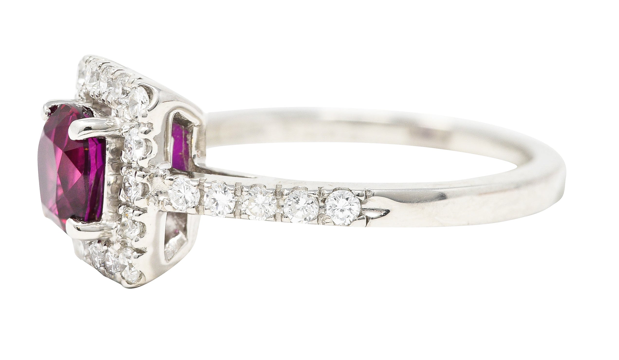 Contemporary 1.47 CTW Cushion Cut Ruby Diamond Platinum Square Halo Ring Wilson's Estate Jewelry