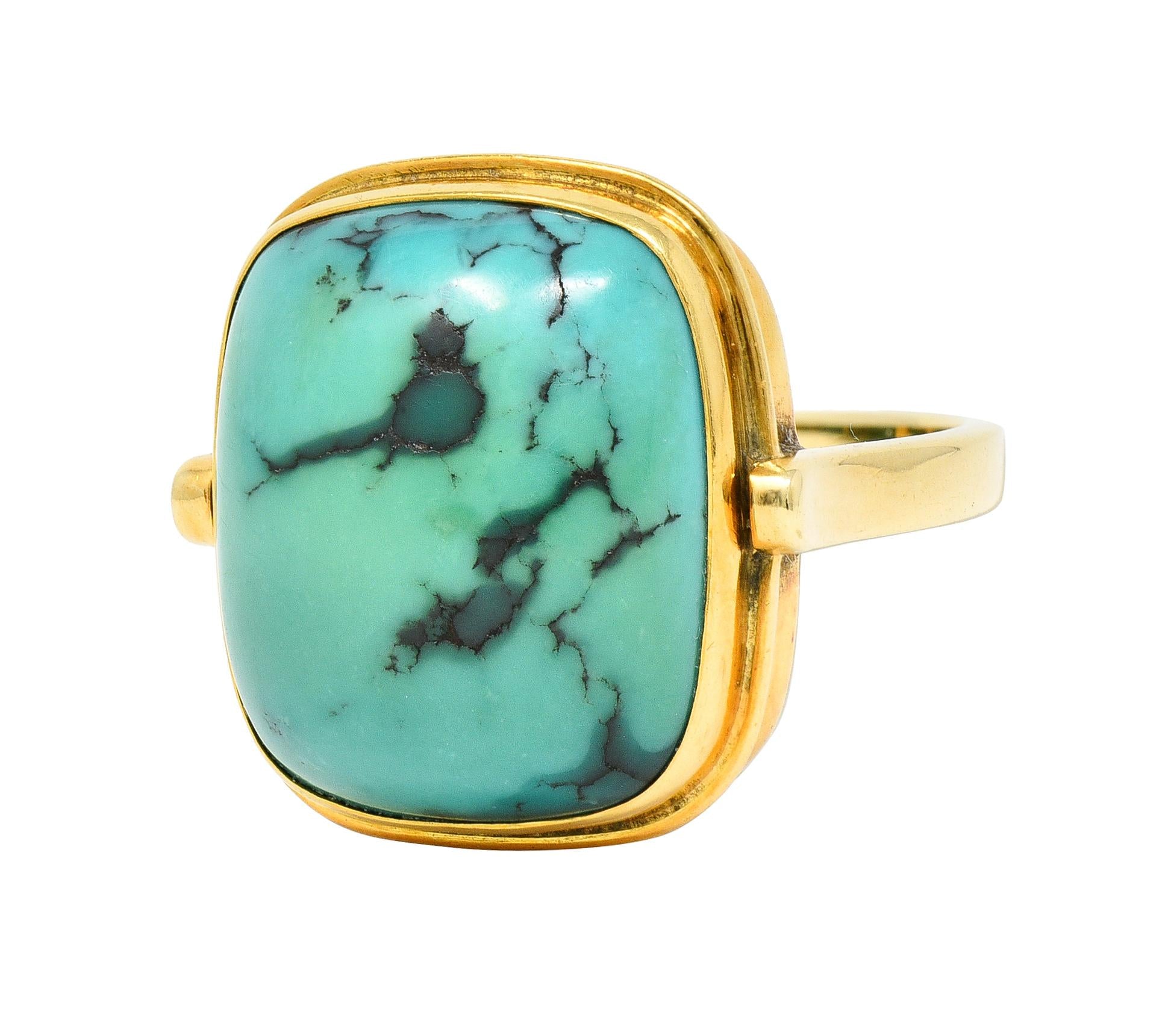 Modernist Turquoise Cabochon 14 Karat Yellow Gold Vintage Signet Ring