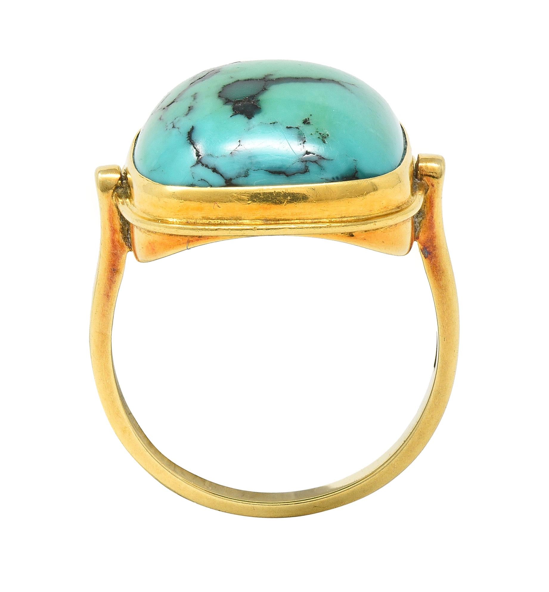 Modernist Turquoise Cabochon 14 Karat Yellow Gold Vintage Signet Ring