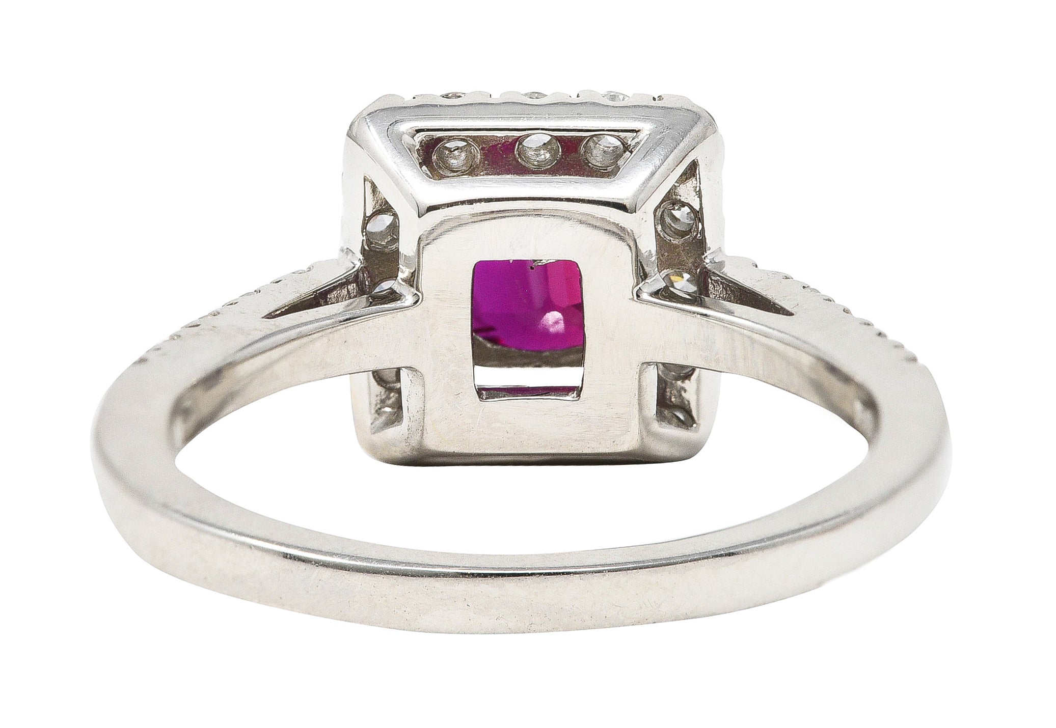 Contemporary 1.47 CTW Cushion Cut Ruby Diamond Platinum Square Halo Ring Wilson's Estate Jewelry