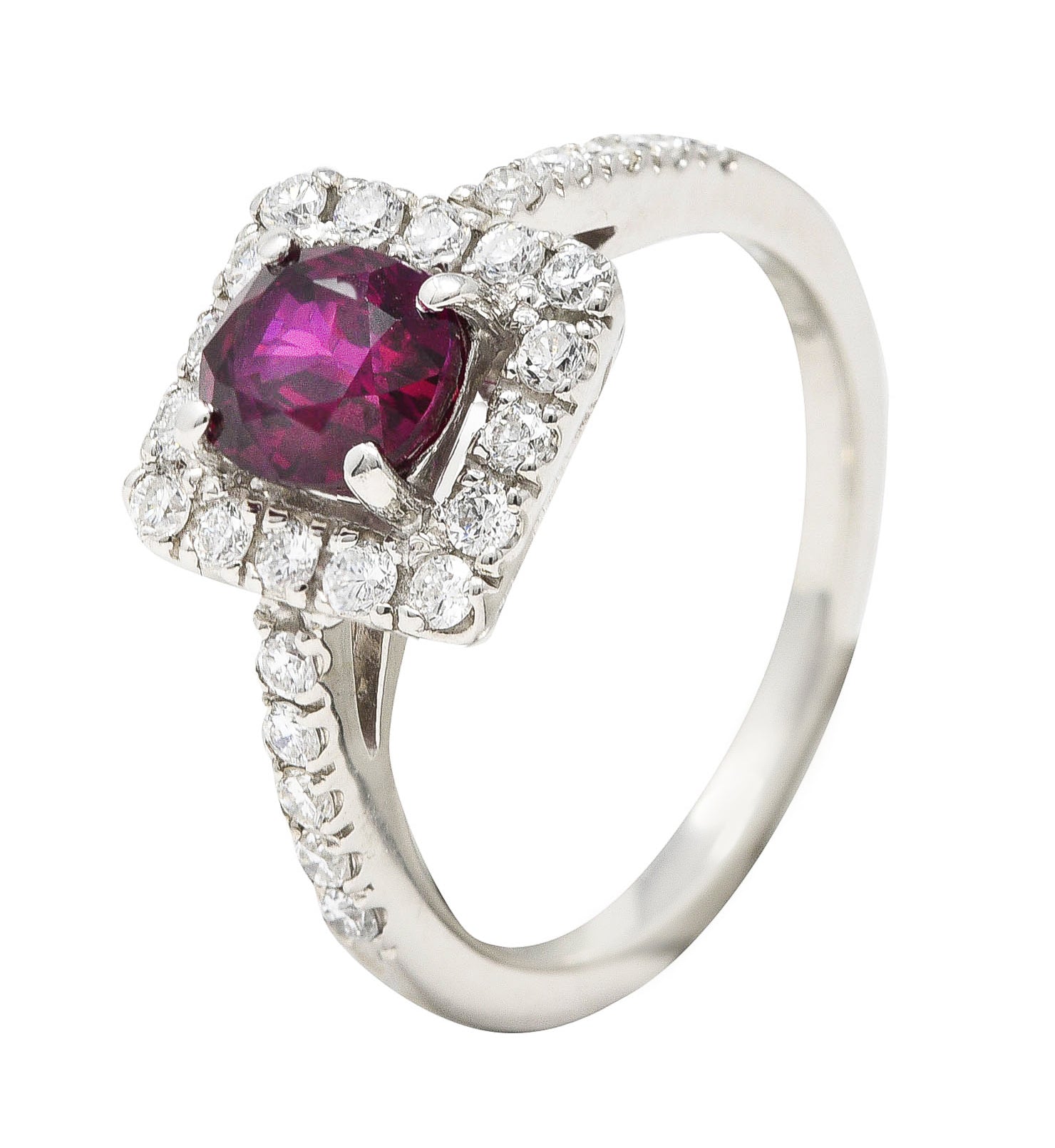 Contemporary 1.47 CTW Cushion Cut Ruby Diamond Platinum Square Halo Ring Wilson's Estate Jewelry