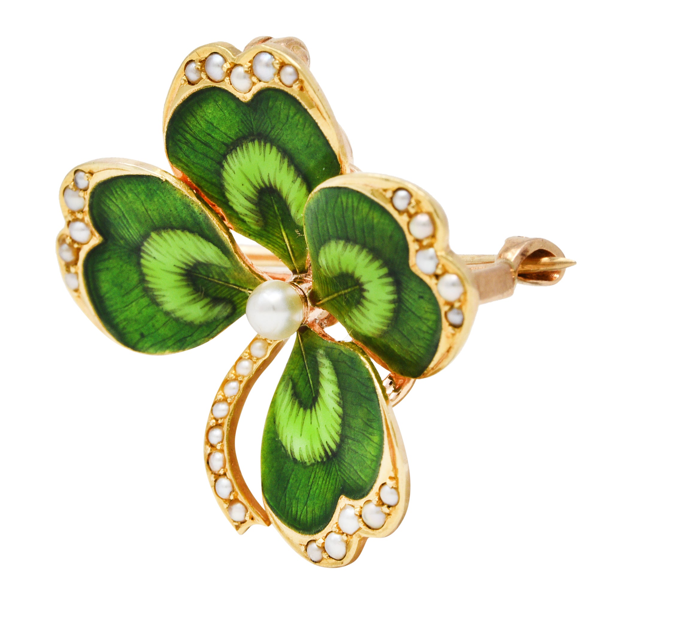 Krementz Art Nouveau Pearl Guilloche Enamel 14 Karat Yellow Gold Antique Clover Pendant Brooch Wilson's Estate Jewelry