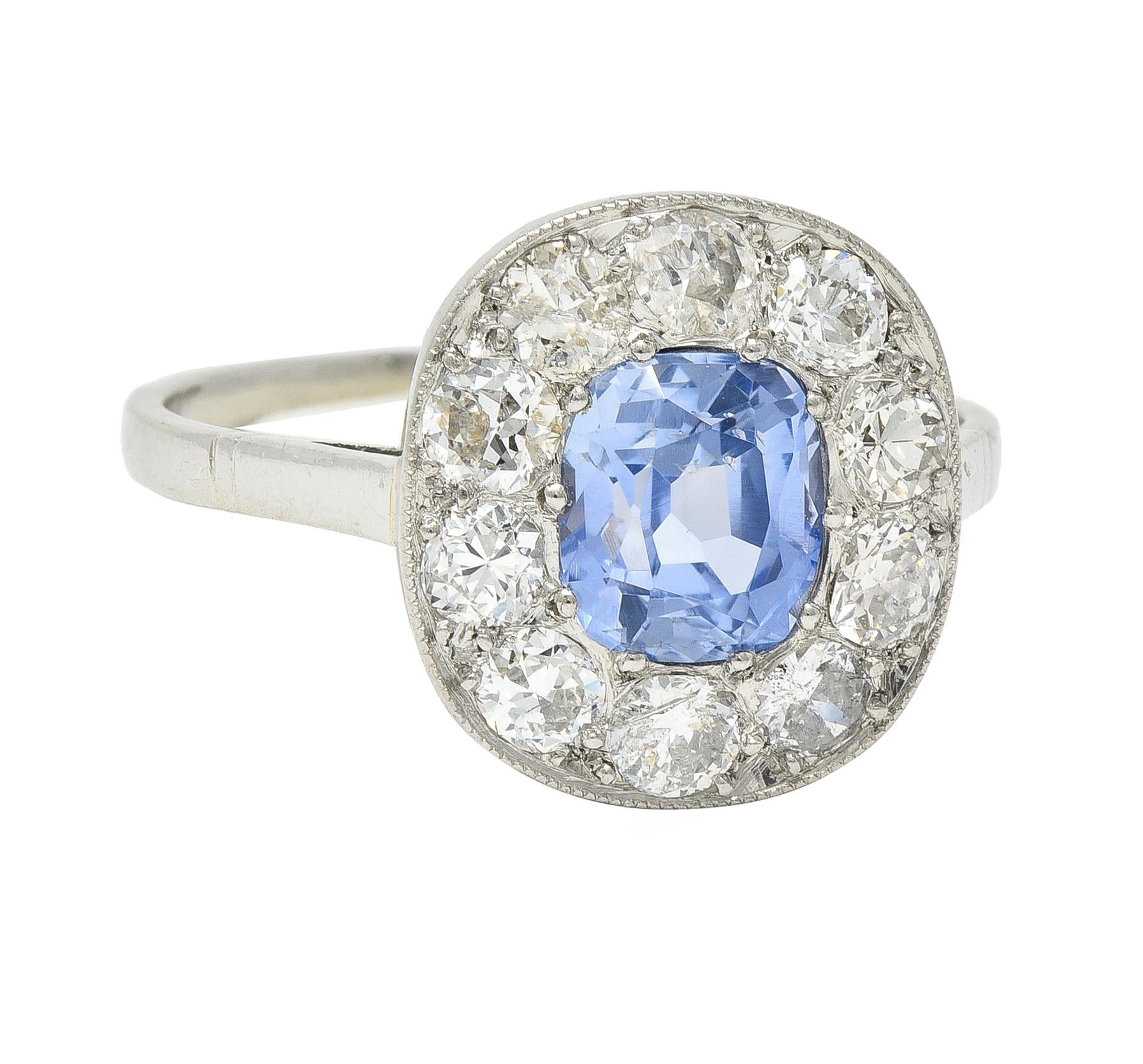 Art Deco French 2.18 CTW No Heat Sapphire Diamond Platinum Halo Ring GIA