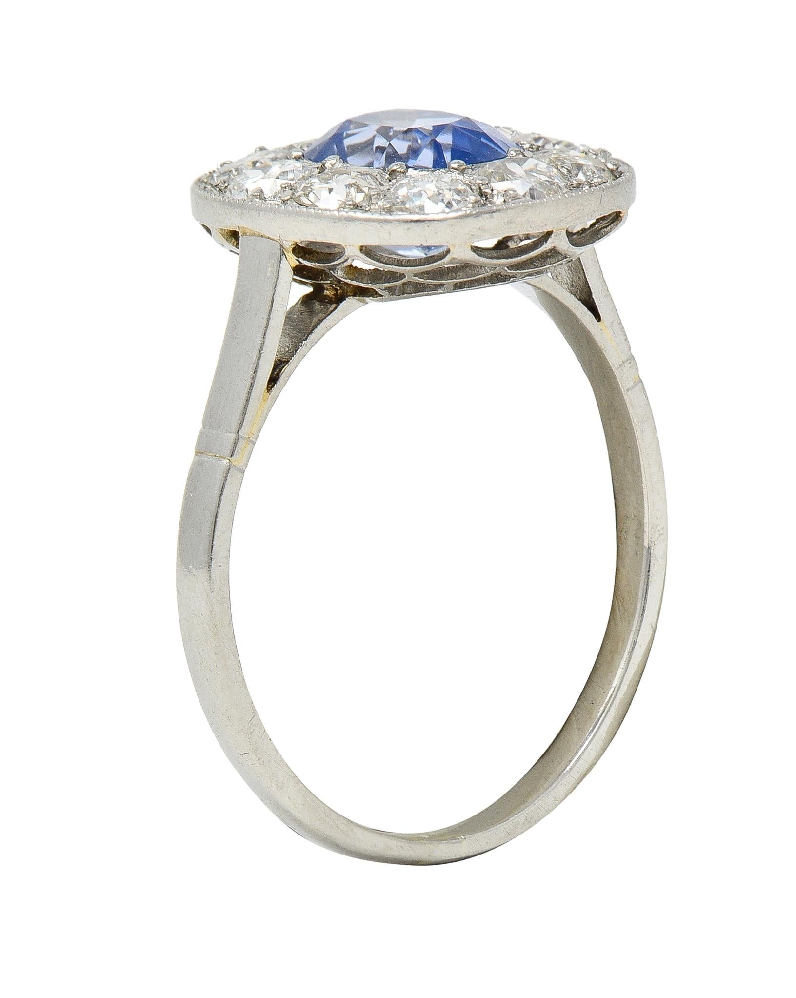 Art Deco French 2.18 CTW No Heat Sapphire Diamond Platinum Halo Ring GIA