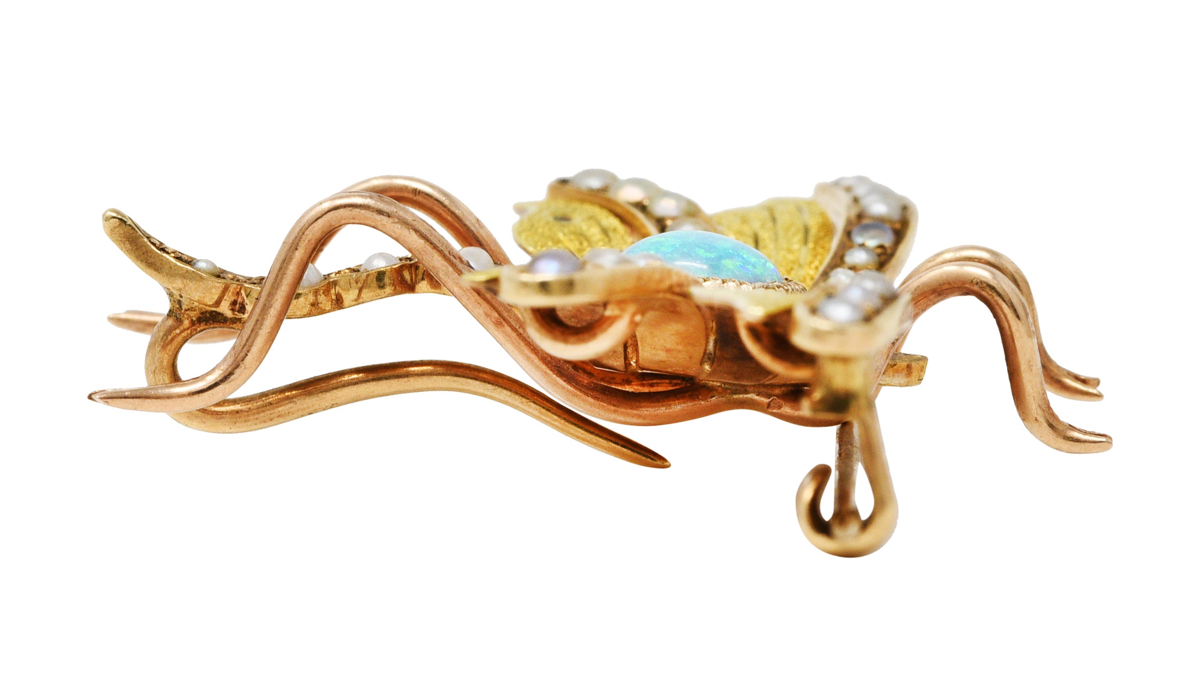 Art Nouveau Opal Pearl 14 Karat Two-Tone Gold Antique Insect Pendant Brooch Wilson's Estate Jewelry