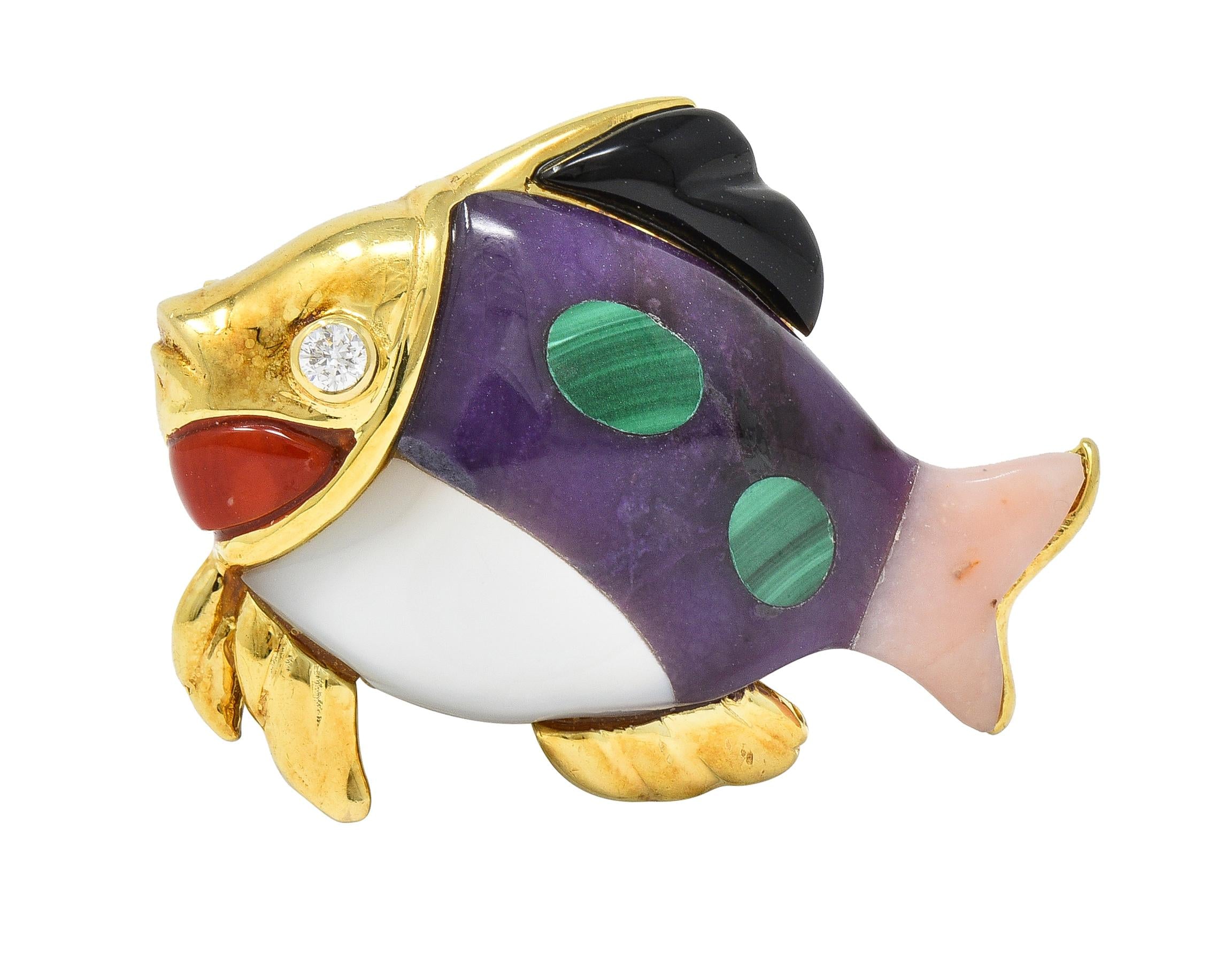 Asch Grossbardt Diamond Amethyst Mother-Of-Pearl 14 Karat Gold Inlay Fish Brooch