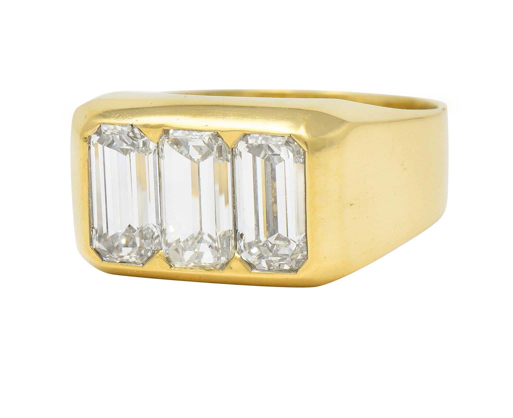 3.48 CTW Flush Emerald Cut Diamond 18 Karat Yellow Gold Vintage Three Stone Ring