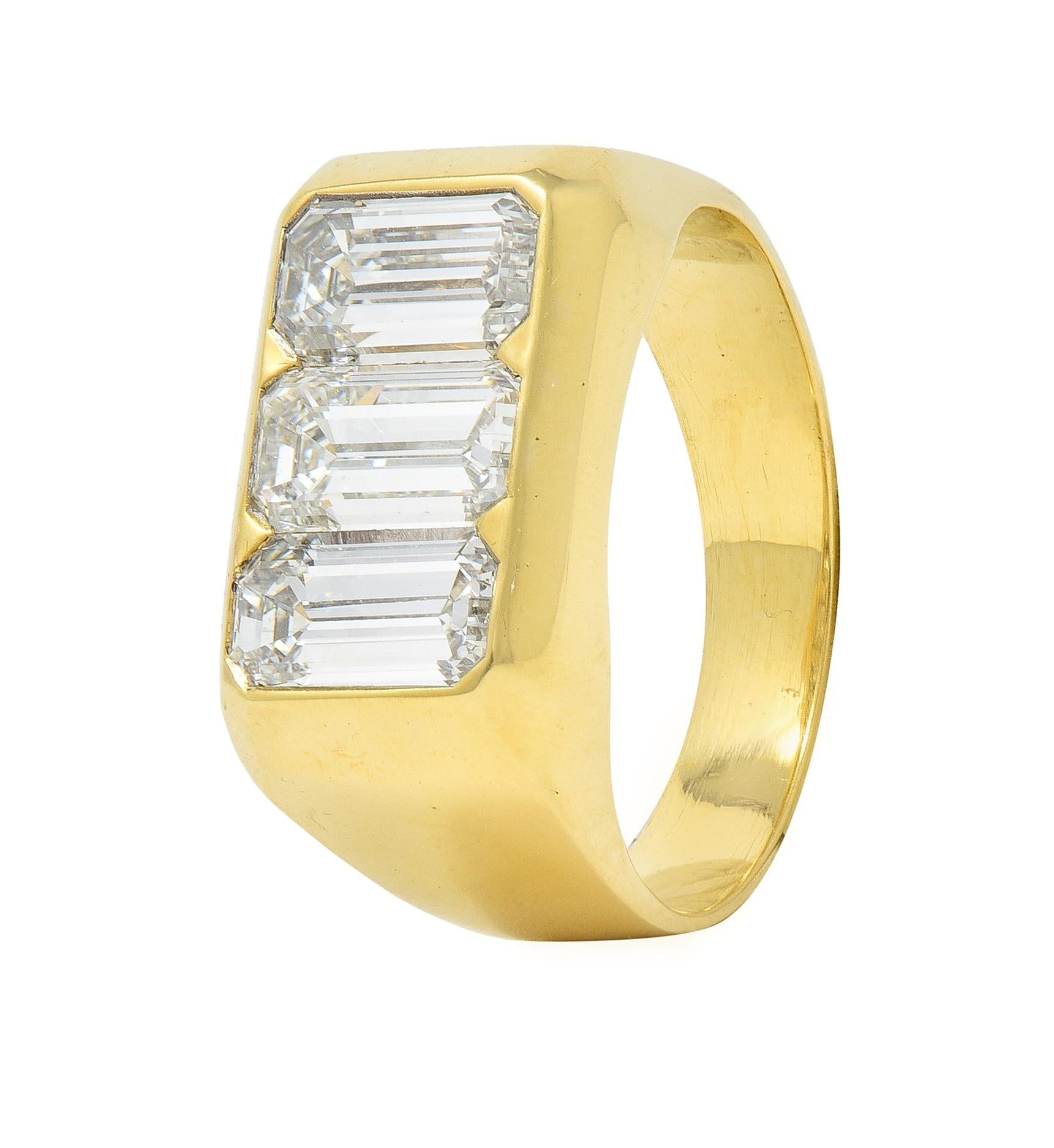 3.48 CTW Flush Emerald Cut Diamond 18 Karat Yellow Gold Vintage Three Stone Ring