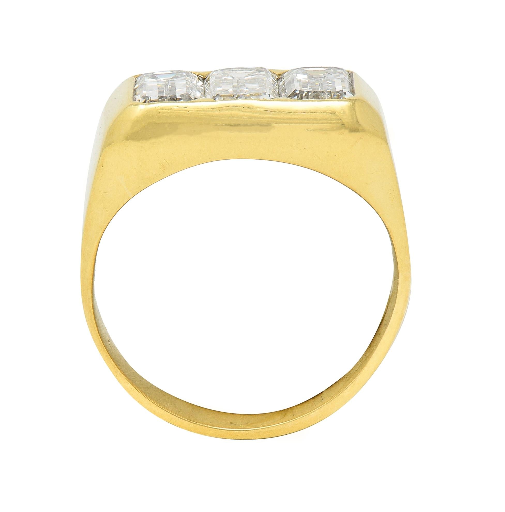 3.48 CTW Flush Emerald Cut Diamond 18 Karat Yellow Gold Vintage Three Stone Ring