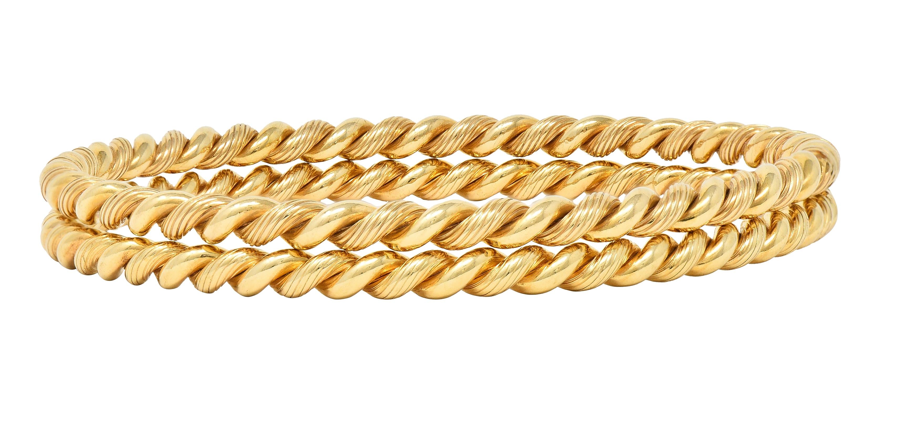 Tiffany & Co. 1960's 14 Karat Gold Twisted Rope Vintage Bangle Bracelet Set