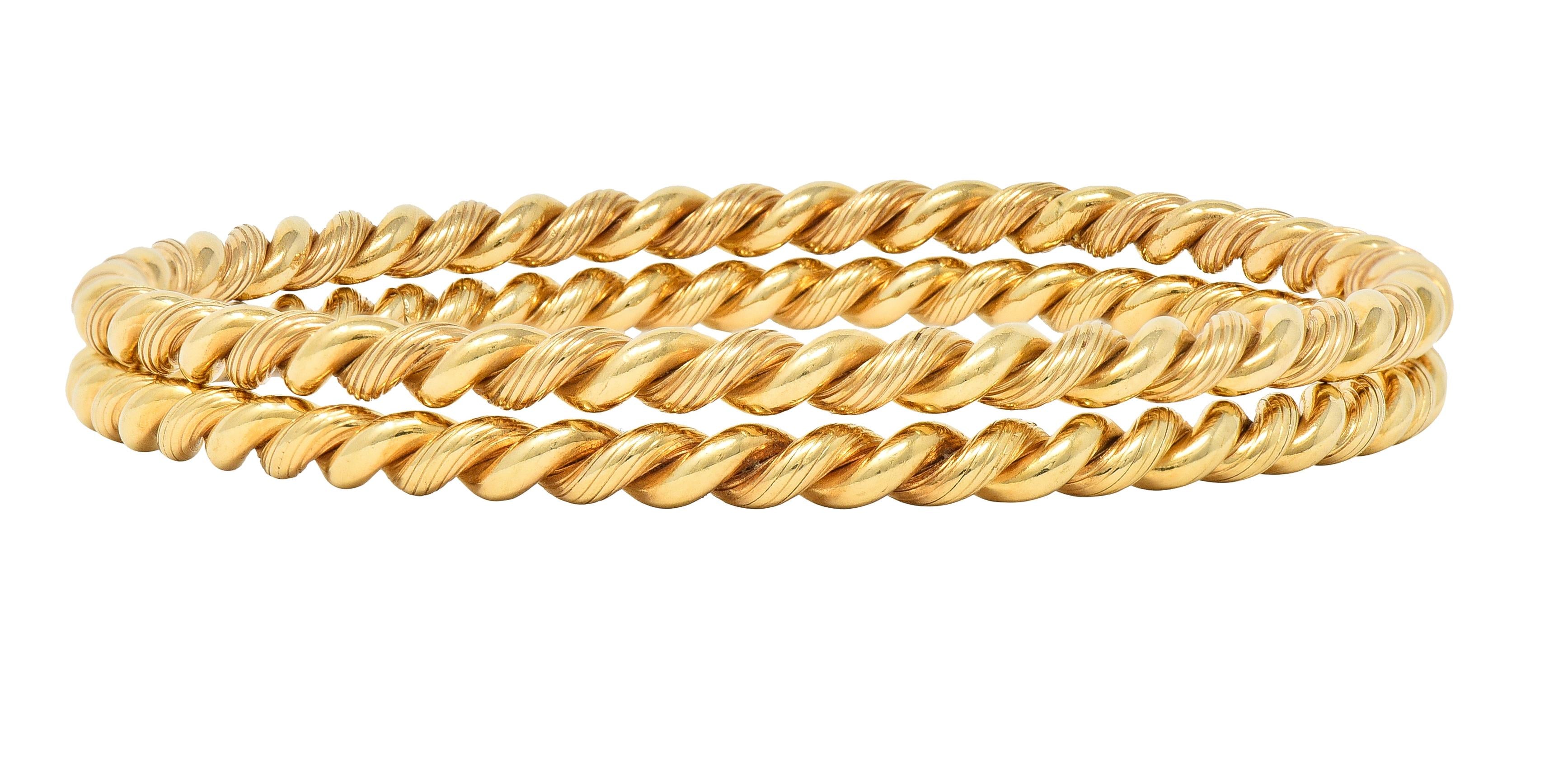 Tiffany & Co. 1960's 14 Karat Gold Twisted Rope Vintage Bangle Bracelet Set