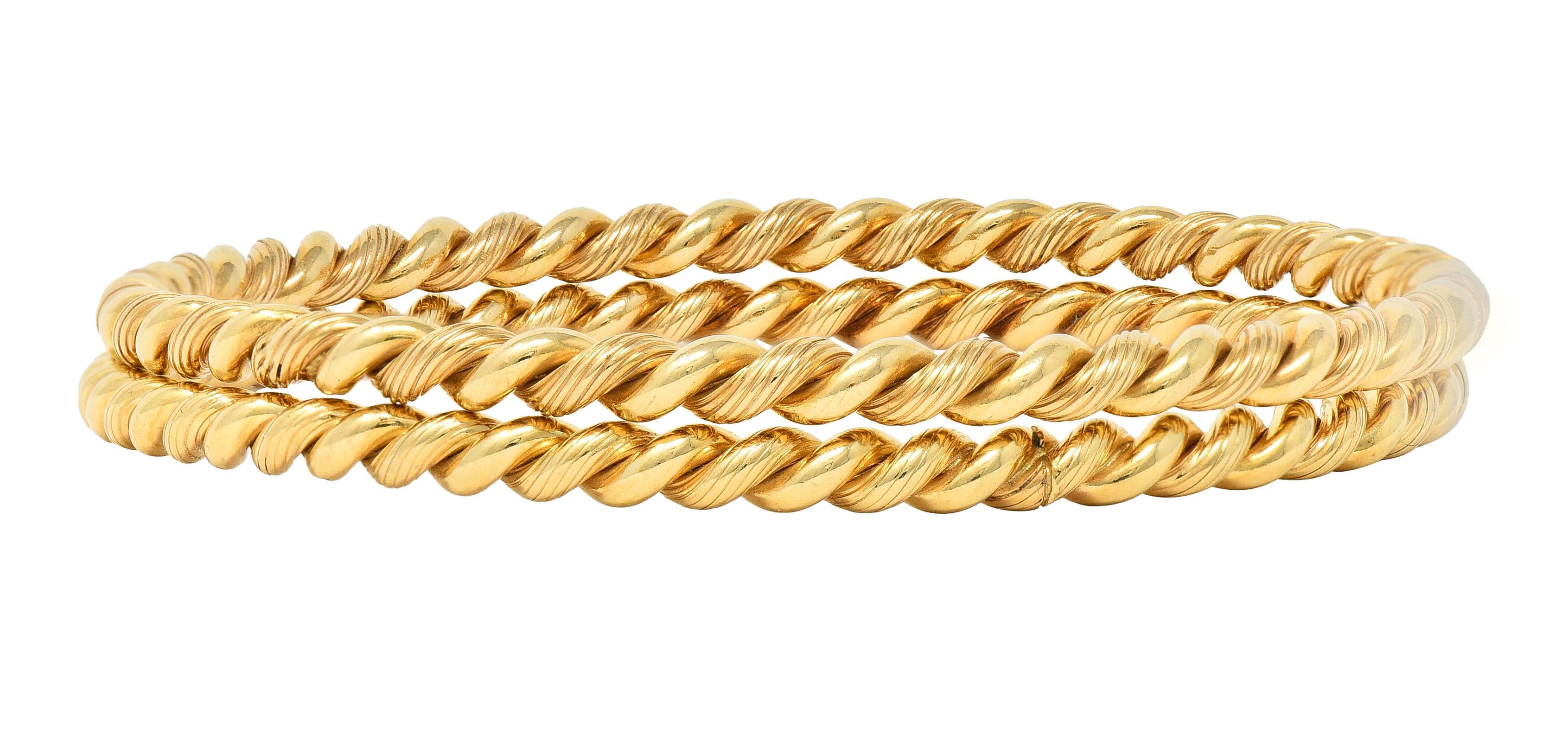 Tiffany & Co. 1960's 14 Karat Gold Twisted Rope Vintage Bangle Bracelet Set